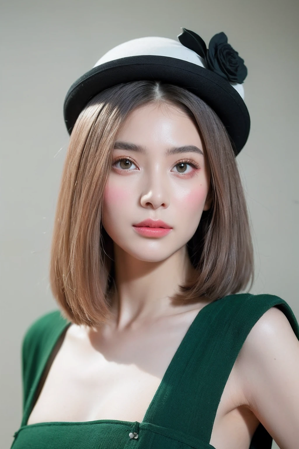 (extra detailed body、extra detailed face、best qualtiy:1.2)、femele、looking at the viewers、(Wantastico fashion in green, black and pink、fashionshow、large hat、)、(Cream wall chaos on background:1.4)