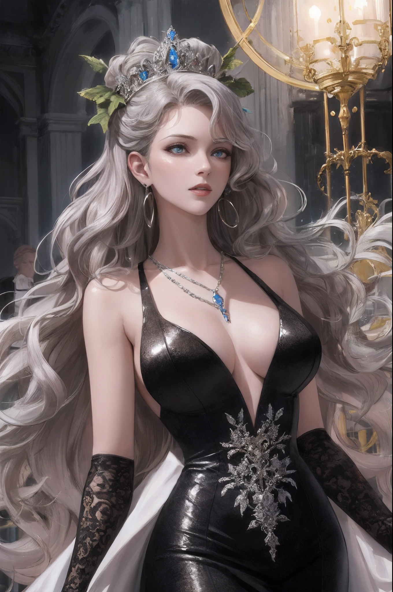 Sexy figure,a queen,Gorgeous costumes,Large breasts,Black laurels,Ruby gorgeous earrings and necklaces,sceptre,black long dress,Fair skin,Detailed pupils,Blue pupil,Incredibly ultra-detailed,stunningly realistic,Facial features of Nordic women,Look down on the audience with compassion,Long curly silver waves,Gorgeous English court,Dark light,grain sense,