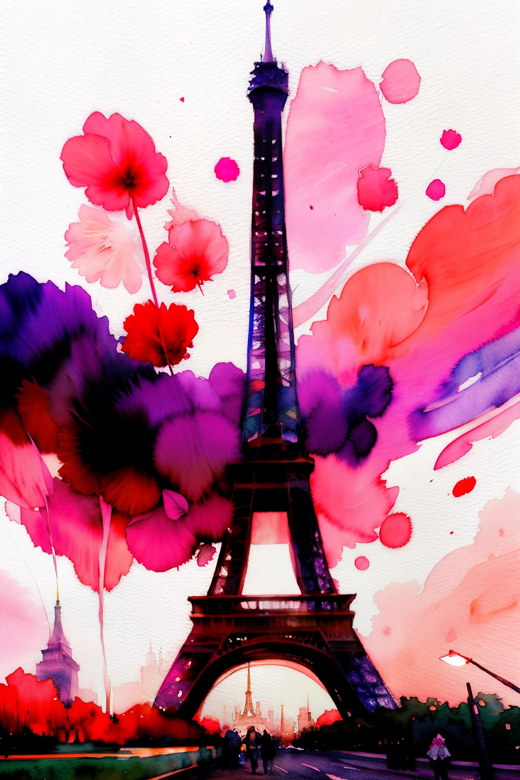 wtrcolor style, (rose) digital art, official art, drifting in the wind, masterpiece, beautiful, ((watercolor)), paint splash, intricate details. Very detailed, [dripping:0.7], trends on Artstation, Rachel Walker, Chinese woman, single eyelids, small eyes, soft looks. Behind it is the Eiffel Tower in Paris.