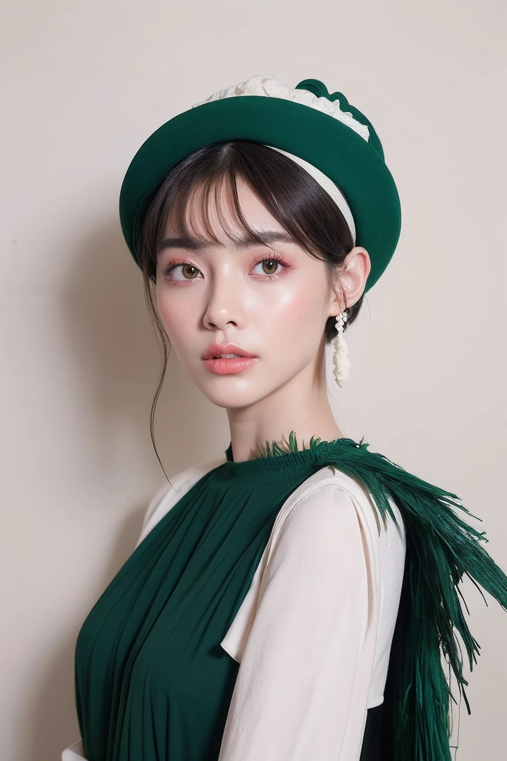 (extra detailed body、extra detailed face、best qualtiy:1.2)、femele、looking at the viewers、(Wantastico fashion in green, black and pink、fashionshow、large hat、)、(Cream wall chaos on background:1.4)