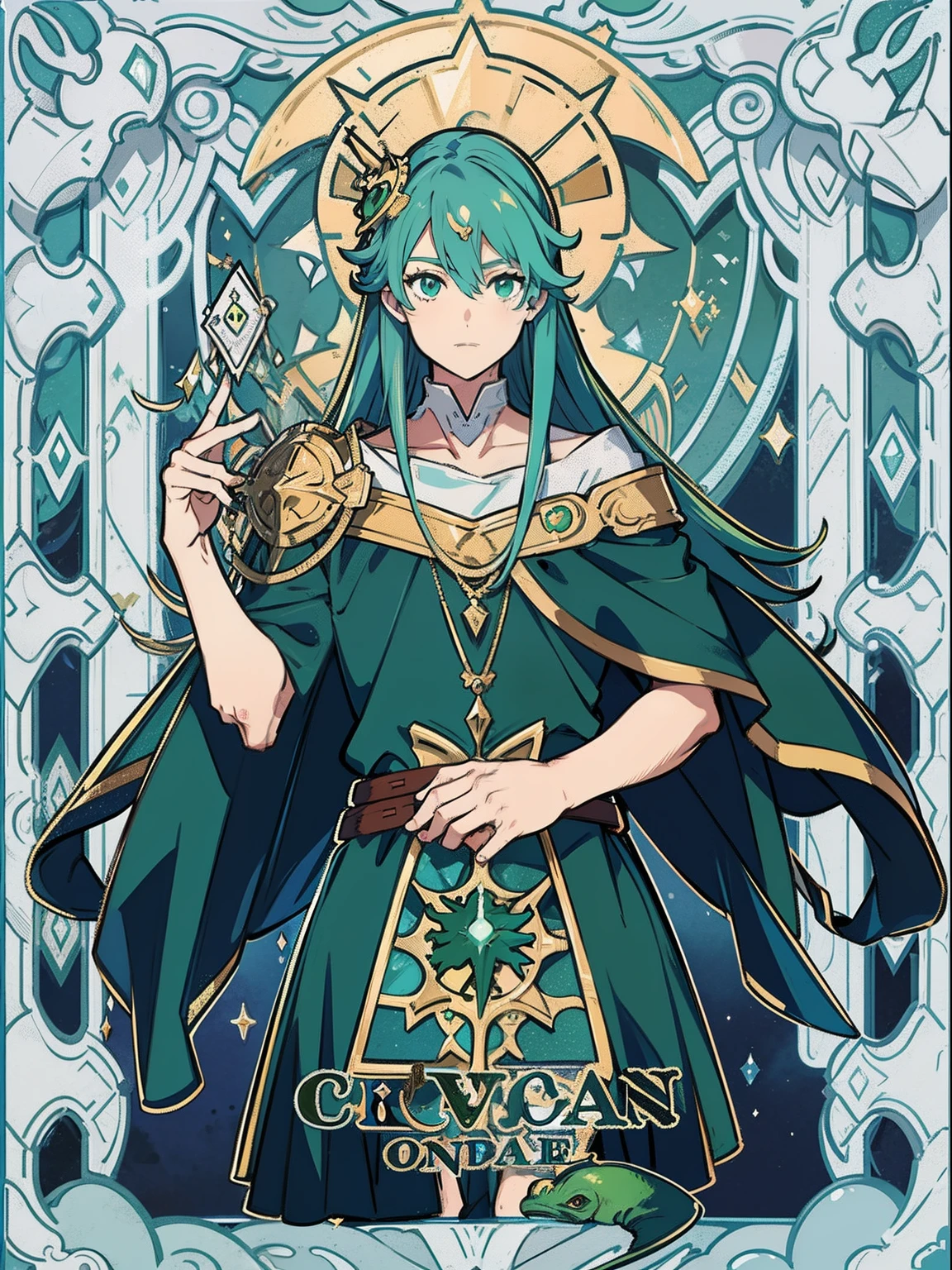 1 guy magical, eyes color green, power of the change, high-resolution, 8k masterpiece, long cyan hair, wearing a green magical costume, with light red forehead ornament, hands down, center, half body, inside a tarot card, chameleon on shoulder, manly