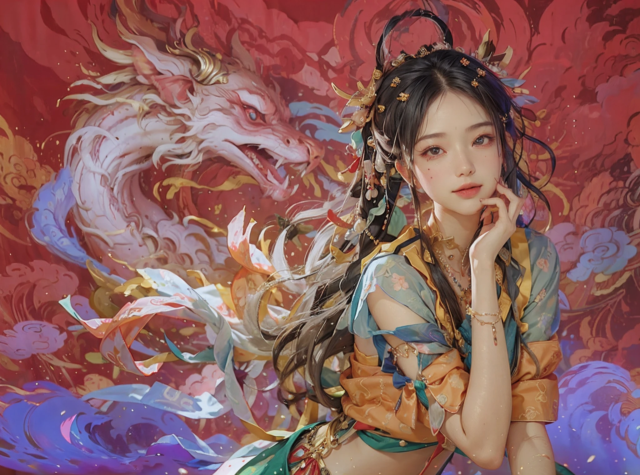 (RAW photo, best quality), (realistic, photo-realistic:1.3),best quality,highly detailed,masterpiece,ultra-detailed,illustration,1girl,upper_body,dynamic angle,world masterpiece theater,messy_long_hair,best quality,extremely detailed CG unity 8k wallpaper,ink,Amazing,cinematic lighting,lens_flare,,dunhuang_style