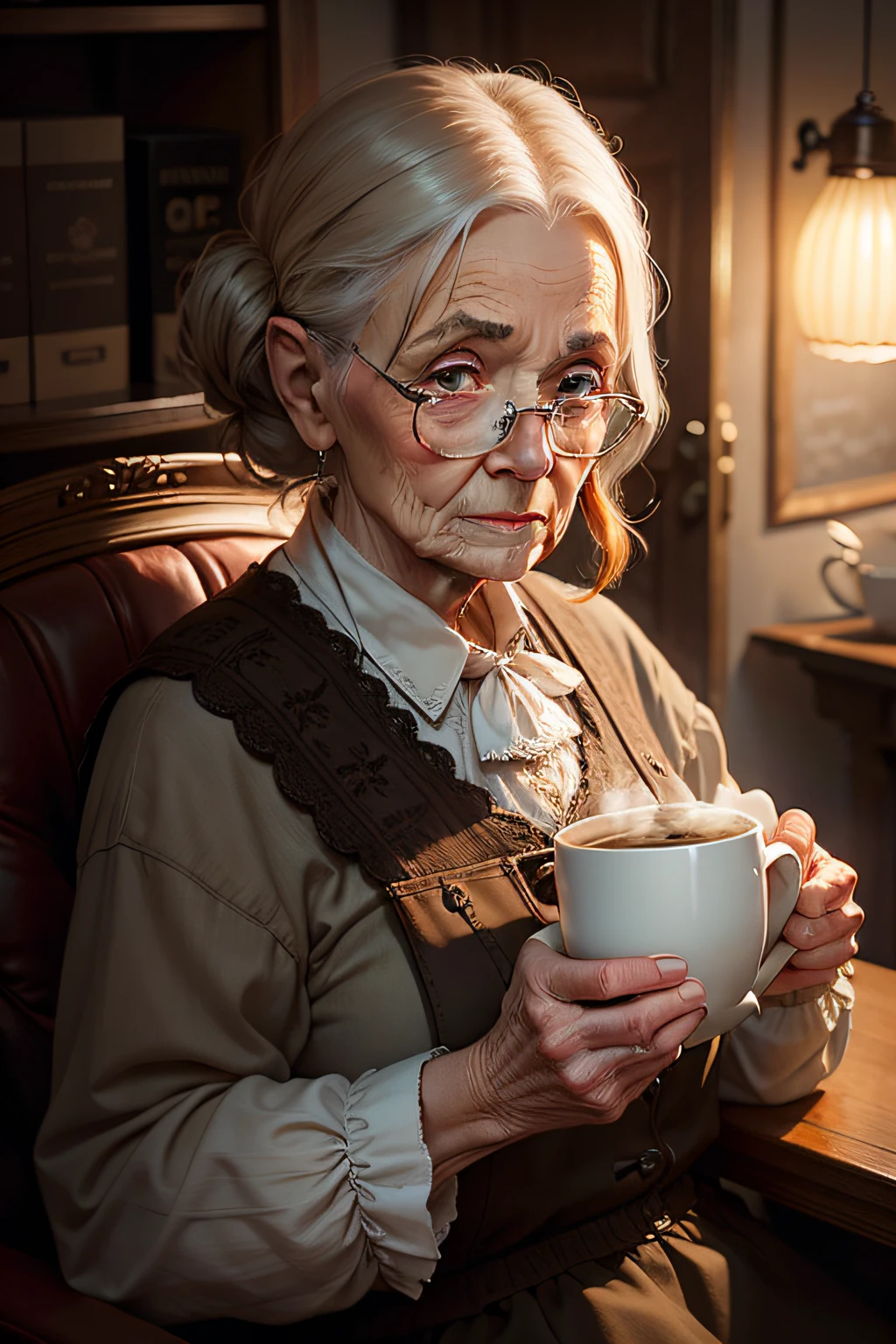 A realistic old woman with coffee cup in hand, studio lighting, by Piotr Drąg