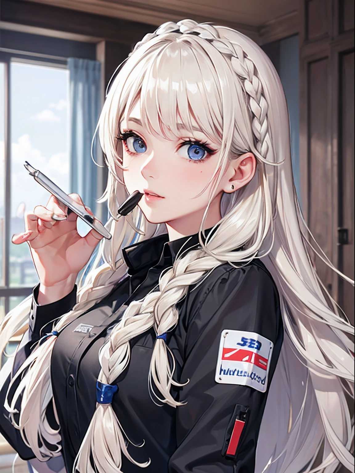 ​masterpiece、top-quality、hight resolution、High-quality images、8K、１maidennurse、detaileds、the detail、Detailed eye depiction、skin gloss、shinny hair、platinum-blonde、Long braided hair、Soft hair、anastasia、portlate、Workwear、measurement、a notepad