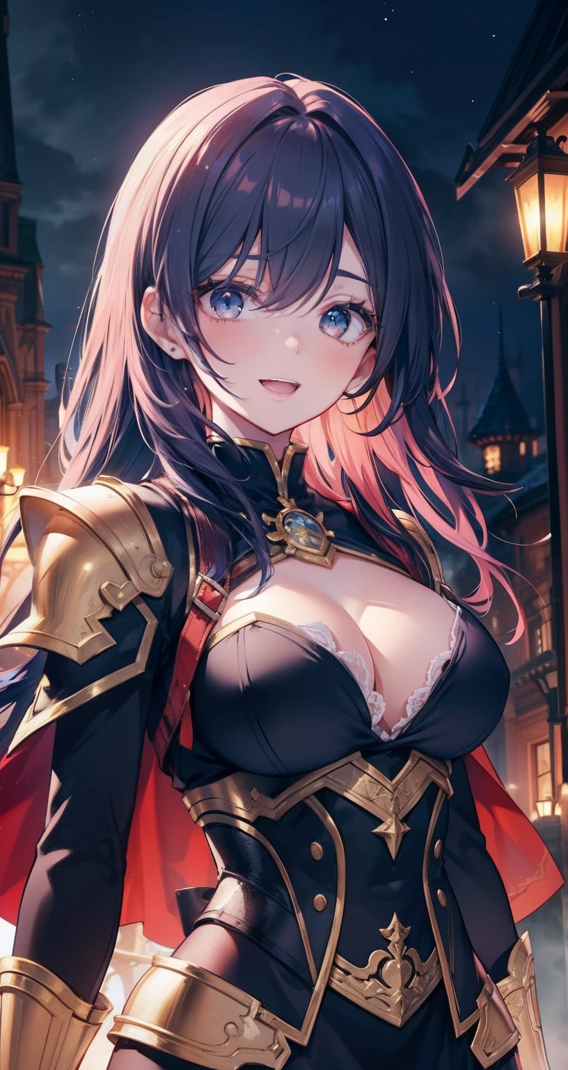 realistic lighting，top Quority，8k resolution，tmasterpiece：1.3，sharp focus：1.2，1个Girl breasts，looking at viewer, smiling, open mouth, teeth showing，double eyelid，big eyes，sexy expression，Perfect anatomical physique，Woman beautiful with perfect figure：1.6，Chest 1.7，long hair, colored hair, dyed nape，chest：1.8，armor, gold details，Long knives，magic，outdoor，nighttime：1.1，1080P，hyper HD，texture of background scenery, background scenery, magic world, fantasy world，Super Detail，Best Quality，Highest Detail，High Quality