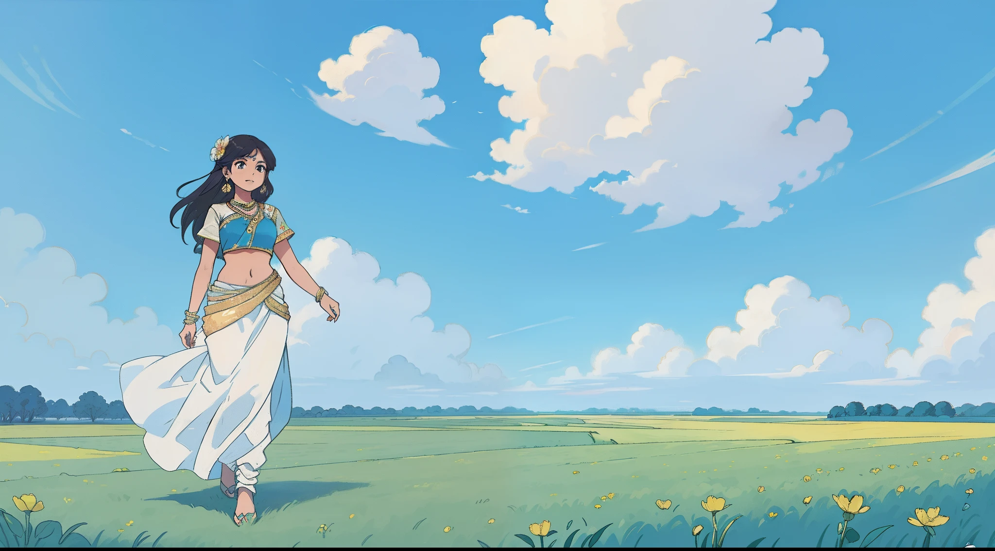 very beautiful indian woman, standing on a field of a flower , blue clear sky with some clouds