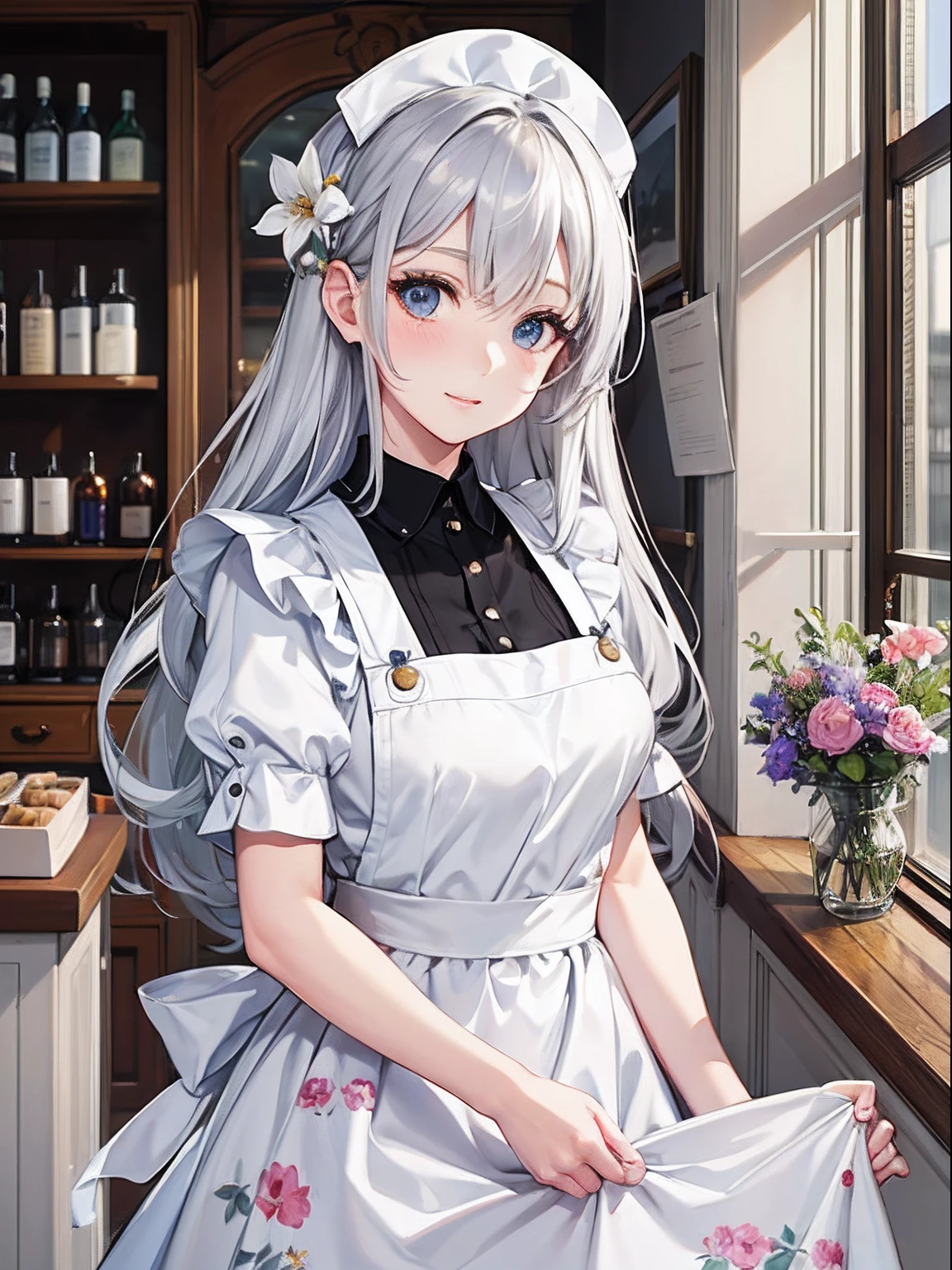 masterpiece、top-quality、hight resolution、High-quality images、8K、1maidennurse、detaileds、Detailed eye depiction、skin gloss、shinny hair、colourfull、long white-silver hair、Soft hair、Nomiya、portlate、Flower shop、Long apron、active