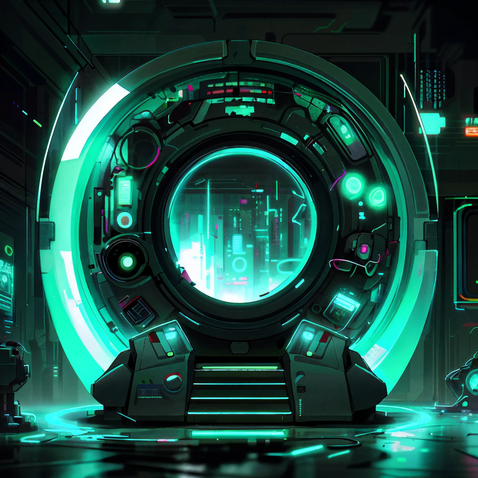 A futuristic scene from Sci - Wire with neon lights and a large circular object, Hybrid style beep blend, estilo de arte cyberpunk, estilo de arte futurista, arte do bipe, em estilo de bipe, cores cyberpunk coloridas sonhadoras, Artem Demura Beeple, por bipe, bipe |, beeple daily art, dark