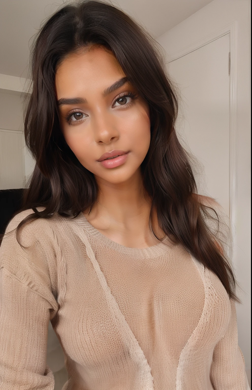 Young brown woman in a transparent sweater , selfie snapchat, proche visage, insta story