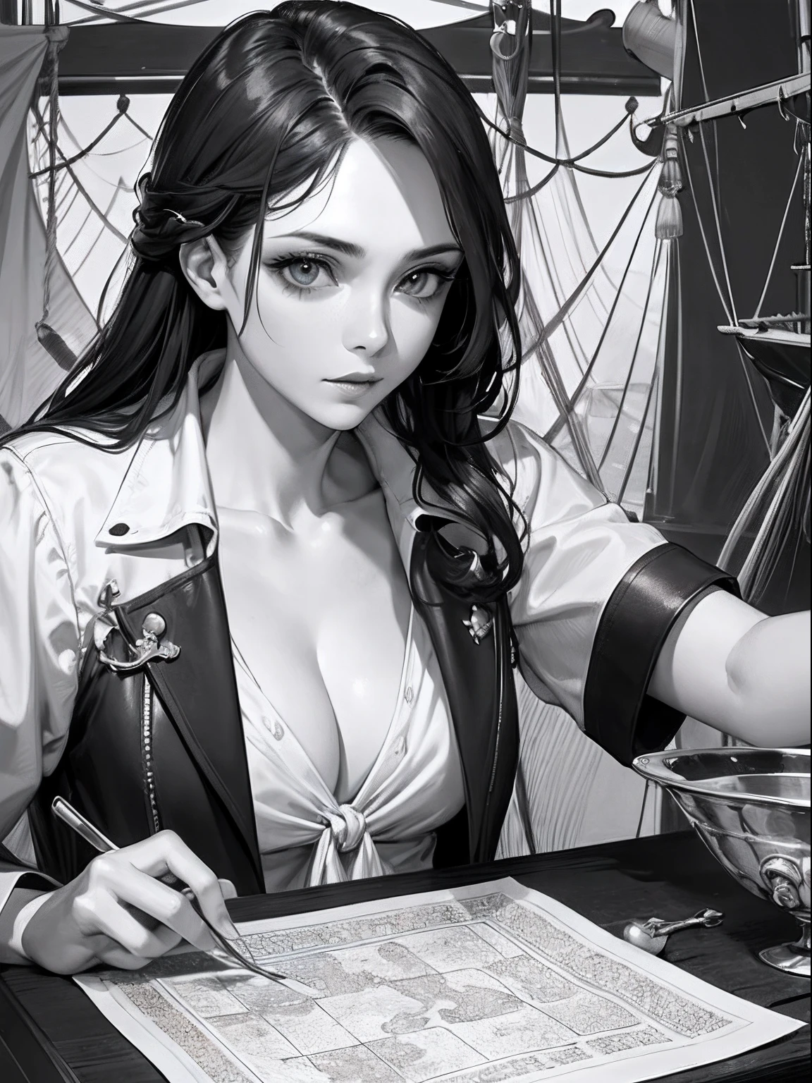 ​masterpiece、top-quality、hight resolution、High-quality images、8K、１maidennurse、detaileds、Detailed eye depiction、skin gloss、shinny hair、Monochrome grayscale、cabelos preto e longos、Soft hair、Lisa、portlate、Pirate Ship、treasure map、Jim Hawkins