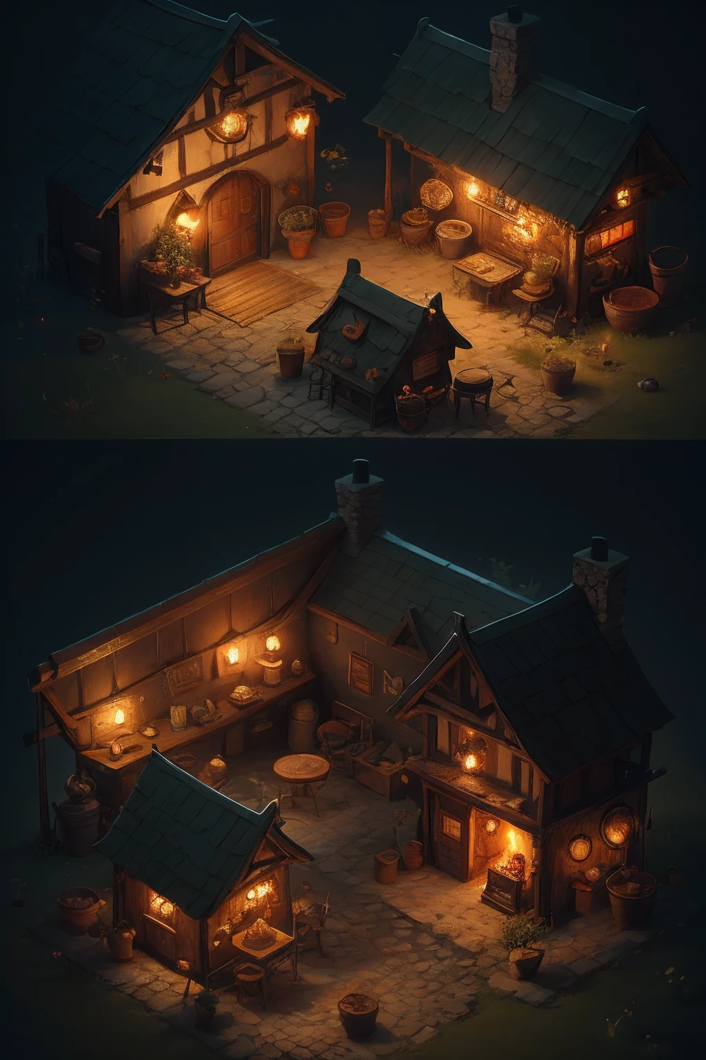 Small building close-up， Multi-dimensional comfortable building, Stylized game art, 3 d render stylized, Medieval Tavern, Stylized concept art, polycount contest winner, stylized 3d render, dimly-lit cozy tavern, isometric 2 d game art, isometric game art, Detailed game art