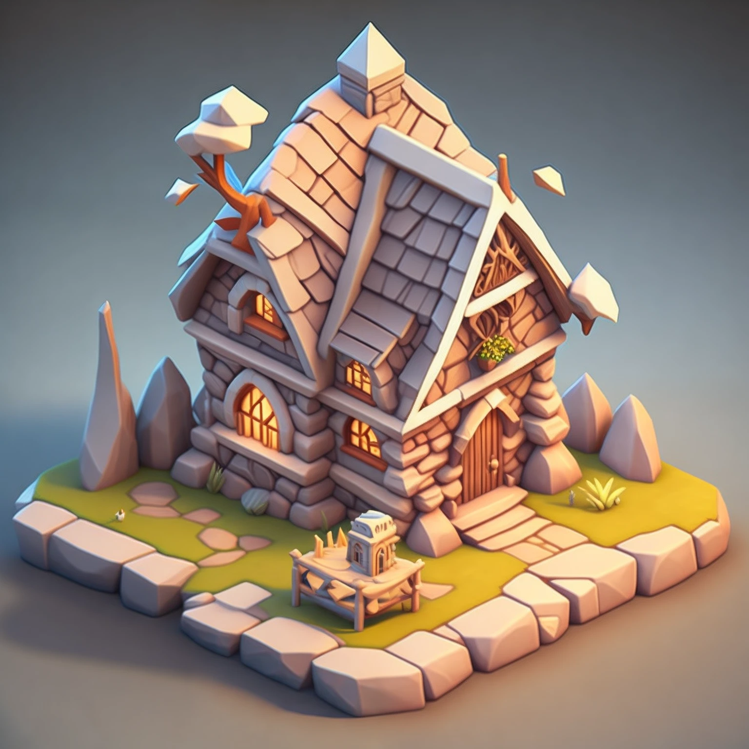 Isometric house, RPG style, Cartoony, DnD, fantasy, mobile game,Primitives,Animal bones,stone,wood