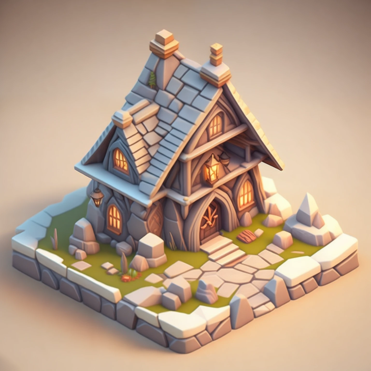 Isometric house, RPG style, Cartoony, DnD, fantasy, mobile game,Primitives,Animal bones,stone,wood