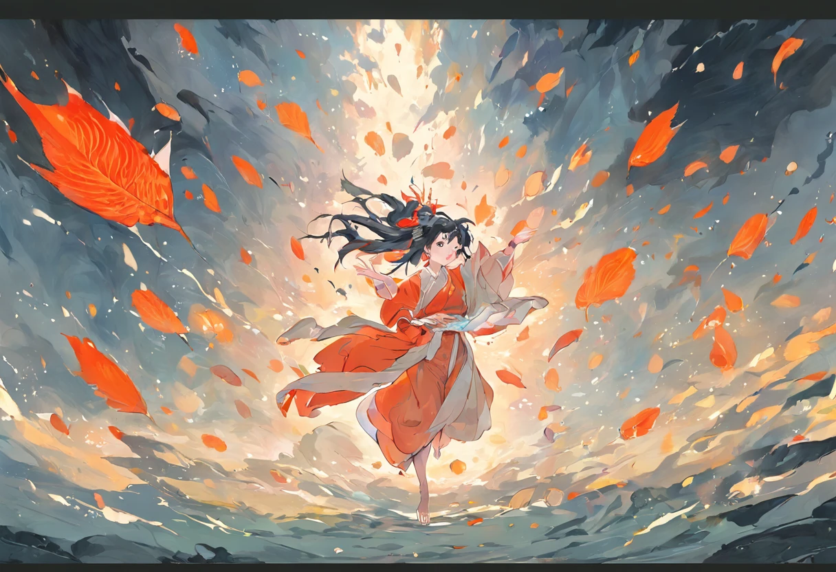 There is no pperson, large lotus leaf, lotuses, Ink painting style, Clean colors, Ink style, Contamination, decisive cutting, White space, impressionistic, Masterpiece, Super detailed, Epic composition, High quality, Highest quality, Lotus fairy, Ancient style, Dunhuang Flying Sky,Red koi