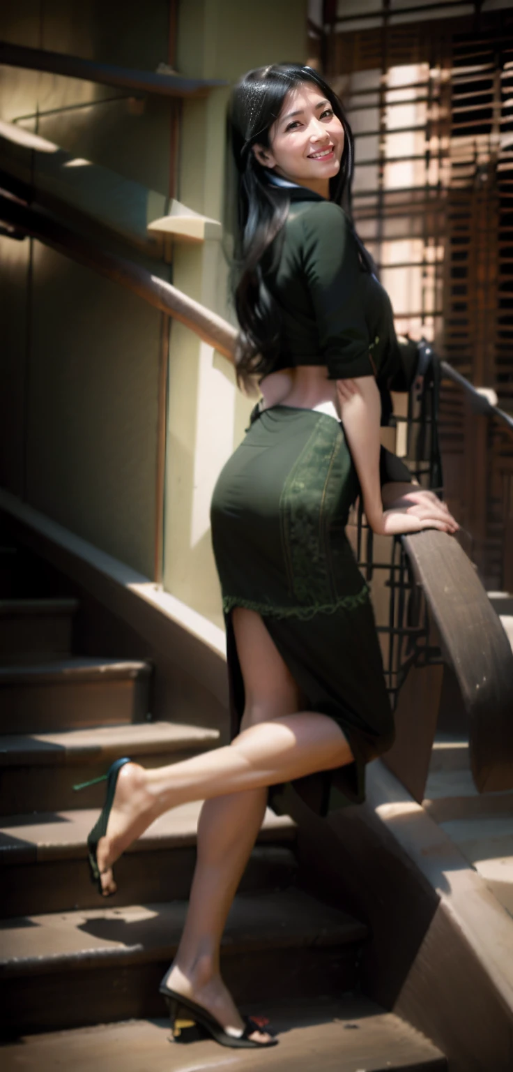 A 45-year-old woman with long black hair stood on the stairs,posed for photo, Happy and charming, detail in face,There are fine wrinkles,Wear green close-fitting clothing(Intricate embroidery patterns),M cup,The chest contour is drooping,Gorgeous and elegant 47-year-old woman, The background is blurred out