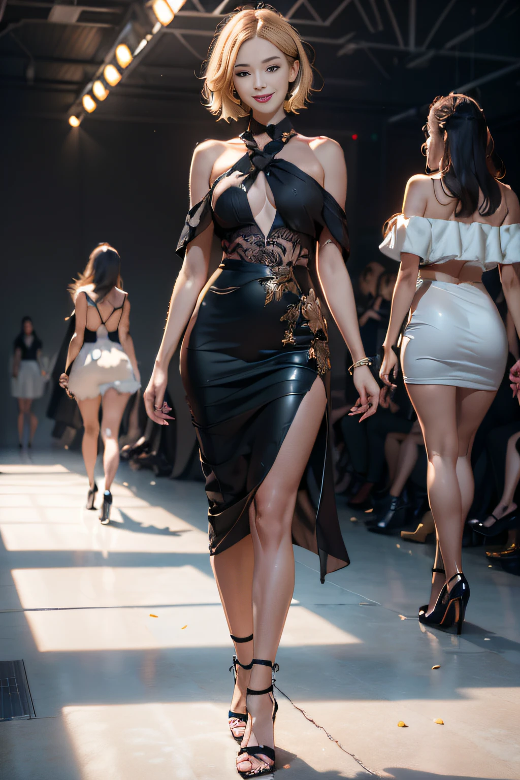 master-piece,A fashion show,A beautiful female model walks the catwalk,walking towards viewer,Expression sexy seduction,Superstar,Wear sexy fashion,The perfect art of costume design,Great stage art,Dramatic expressions,Ceramic-white skin,Stand in a luxurious interior,Full-body standing,facial detailing,Detailed body part details,8k壁紙,Supermodel,Light and shadow follow,Realistic cinematic lighting,Perfect dramatic composition,Great fashion art