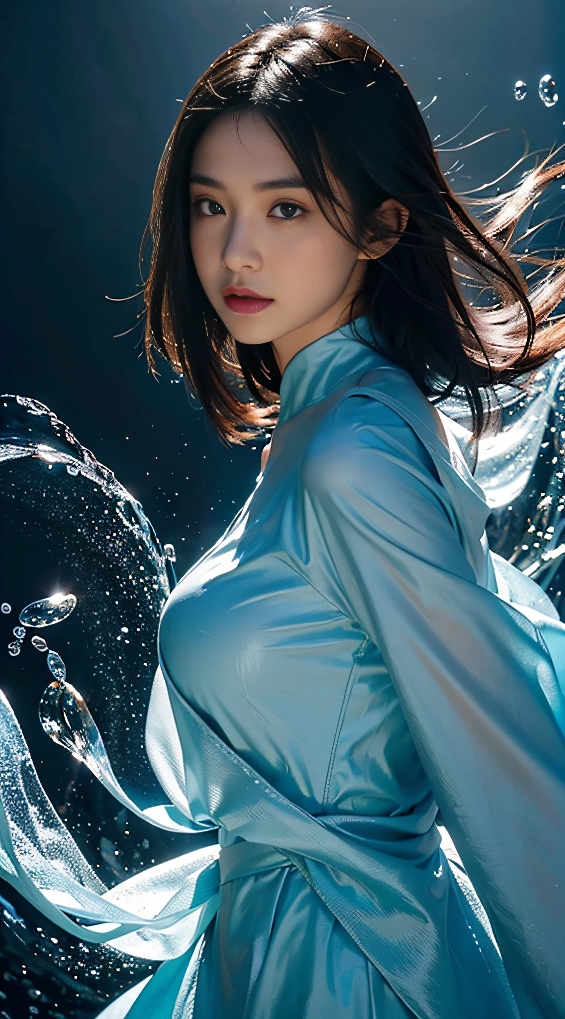 (tmasterpiece,top-quality,optimum,offcial art,Beautiful and beautiful,Long exposure:1.2),Smooth movement,Attractive pattern,one-girl,Adult women,Perfect skin,jade Eyes,Black leafy hair,sportrait,独奏,The upper part of the body,Gaze at the observer,detailedbackground,Detailed face,(Crystal AI,crystalline theme:1.1),Elemental Water Elves,Swirl water,Water control,Fantasy magician costume,dynamicposes,Floating particles,Ether dynamics, Eau,steamy,Background sea,blue tint,shores,Fantastical Atmosphere,mini-skirts。Black hair。Full face。in the water,More bubbles。Skin is hydrated,Close-up of face
