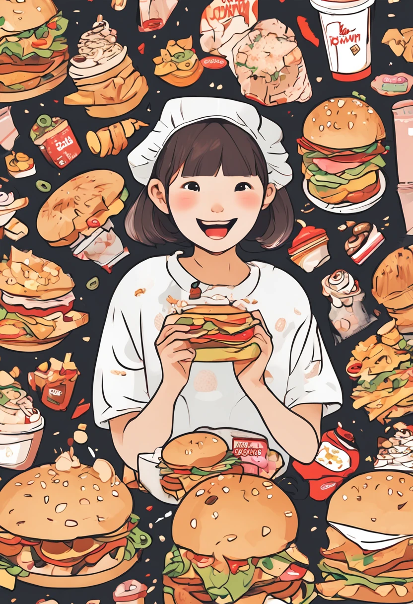 In the center of the face is an animated girl wearing a cute hair ornament,With an innocent smile on his face。She sat in the middle of a pile of snacks,The surroundings are covered with a variety of delicious snacks and desserts,Such as potato chips、Cupcakes、Milk tea, etc。The girl holds a large burger in both hands,Open your mouth and gobble it up,There was undisguised appetite and happiness in his eyes。The hamburger is littered with empty snack packages。The color tone of the picture is bright and warm,The text font is lively and cute。The whole picture is full of innocence and vitality,Convey the passion and joy of food。The pattern highlights the concept of "snack foodie",Express the young girl's love and pursuit of snacks。Suitable as a business logo that highlights the brand's personality。