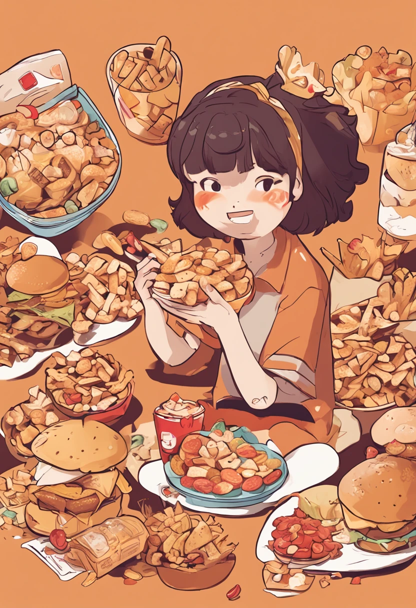 In the center of the face is an animated girl wearing a cute hair ornament,With an innocent smile on his face。She sat in the middle of a pile of snacks,The surroundings are covered with a variety of delicious snacks and desserts,Such as potato chips、Cupcakes、Milk tea, etc。The girl holds a large burger in both hands,Open your mouth and gobble it up,There was undisguised appetite and happiness in his eyes。The hamburger is littered with empty snack packages。The color tone of the picture is bright and warm,The text font is lively and cute。The whole picture is full of innocence and vitality,Convey the passion and joy of food。The pattern highlights the concept of "snack foodie",Express the young girl's love and pursuit of snacks。Suitable as a business logo that highlights the brand's personality。