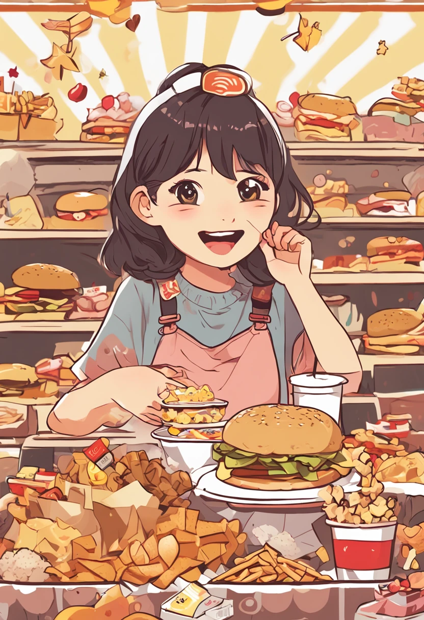 In the center of the face is an animated girl wearing a cute hair ornament,With an innocent smile on his face。She sat in the middle of a pile of snacks,The surroundings are covered with a variety of delicious snacks and desserts,Such as potato chips、Cupcakes、Milk tea, etc。The girl holds a large burger in both hands,Open your mouth and gobble it up,There was undisguised appetite and happiness in his eyes。The hamburger is littered with empty snack packages。The color tone of the picture is bright and warm,The text font is lively and cute。The whole picture is full of innocence and vitality,Convey the passion and joy of food。The pattern highlights the concept of "snack foodie",Express the young girl's love and pursuit of snacks。Suitable as a business logo that highlights the brand's personality。