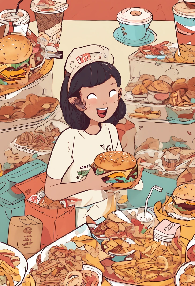 In the center of the face is an animated girl wearing a cute hair ornament,With an innocent smile on his face。She sat in the middle of a pile of snacks,The surroundings are covered with a variety of delicious snacks and desserts,Such as potato chips、Cupcakes、Milk tea, etc。The girl holds a large burger in both hands,Open your mouth and gobble it up,There was undisguised appetite and happiness in his eyes。The hamburger is littered with empty snack packages。The color tone of the picture is bright and warm,The text font is lively and cute。The whole picture is full of innocence and vitality,Convey the passion and joy of food。The pattern highlights the concept of "snack foodie",Express the young girl's love and pursuit of snacks。Suitable as a business logo that highlights the brand's personality。