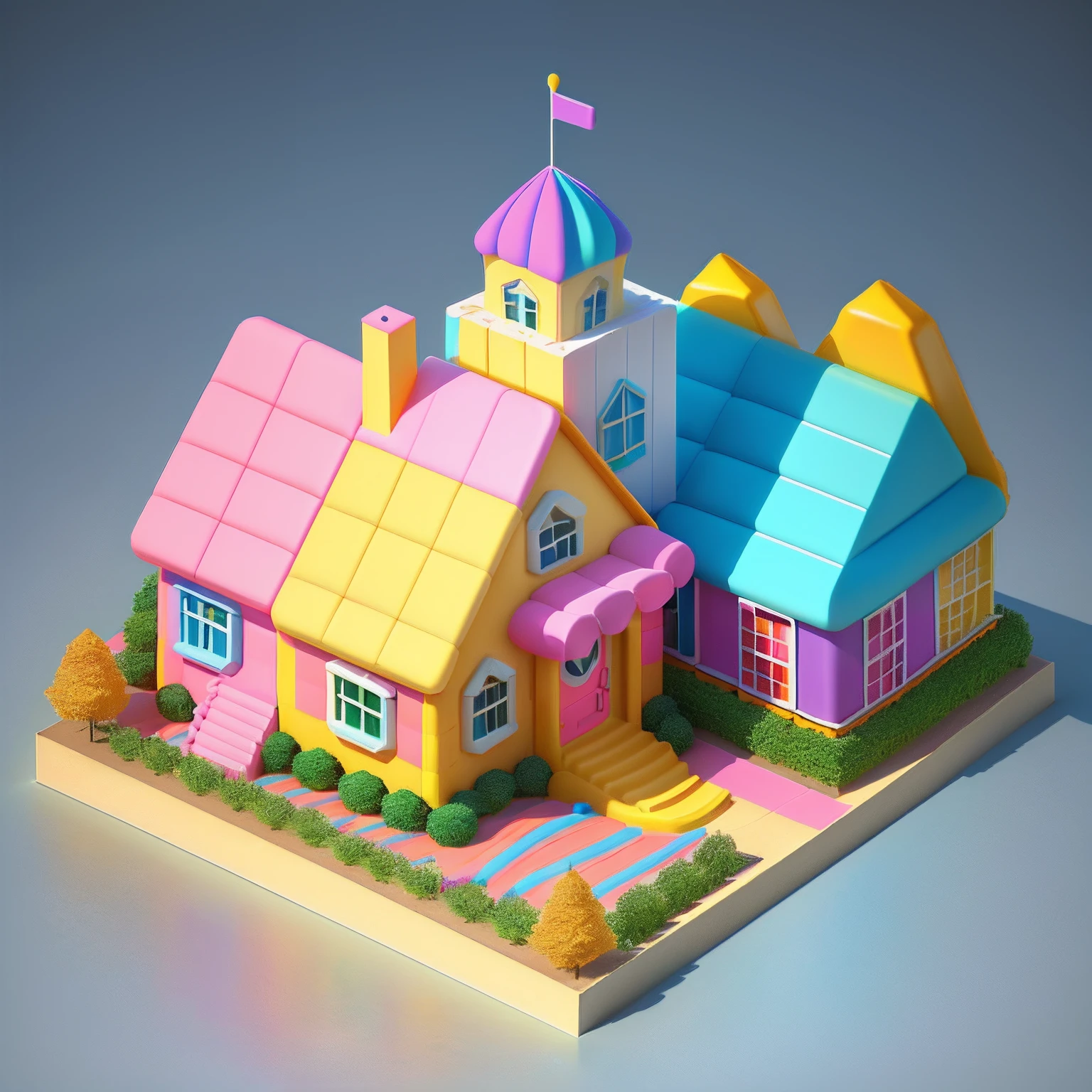 isometric house, (top-down 45-degree perspective), cartoon, candy house, colorful balloons, cute building, huge candy-like signboard, amusement park, blank background, clear structure, correct light and shadow, 3D rendering