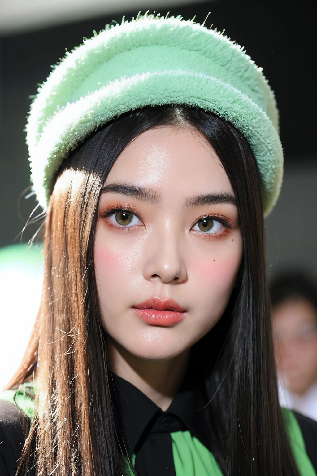 (extra detailed body、extra detailed face、best qualtiy:1.2)、femele、looking at the viewers、(Green and black wacky fashion、fashionshow、large hat、)、(Cream wall chaos on background:1.4