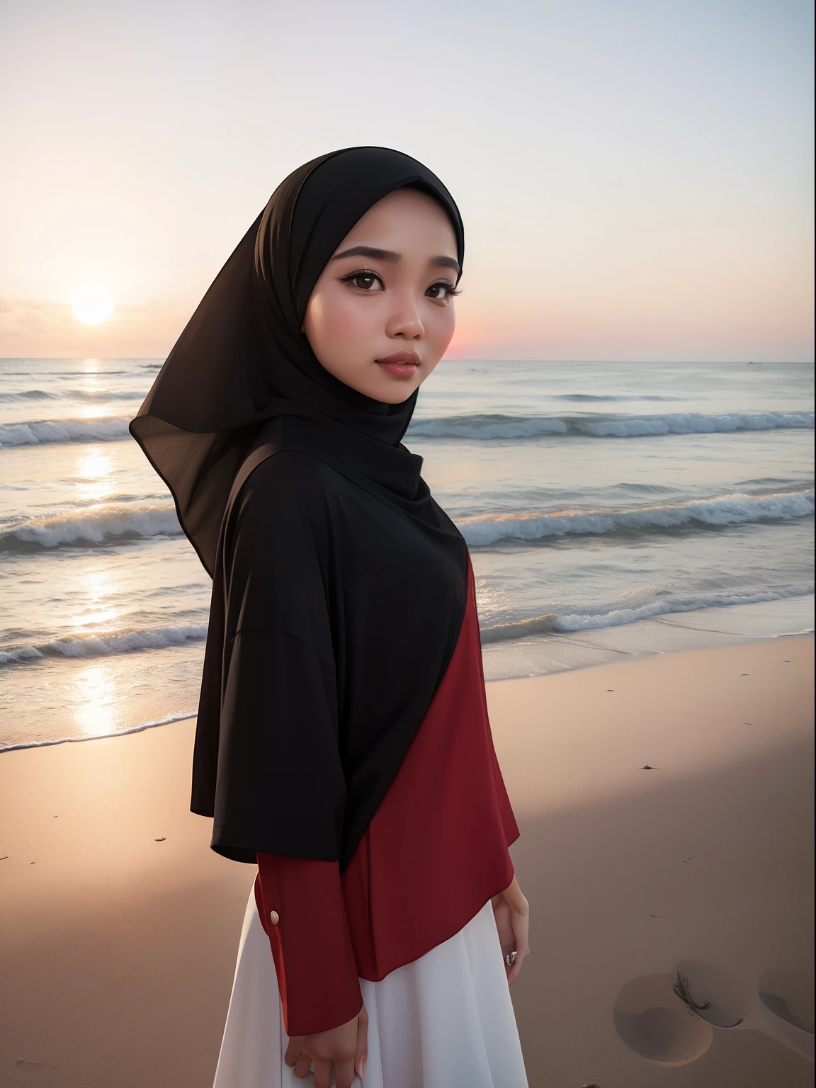 Malay woman in a red shirt and a gray skirt, sunset background at the beach, wearing black and white clothes, headshot profile picture, hijab, mira filzah, full protrait, on a yellow canva, protrait, portrait shot, photo of young woman, photo of a woman, potrait, mid shot portrait.