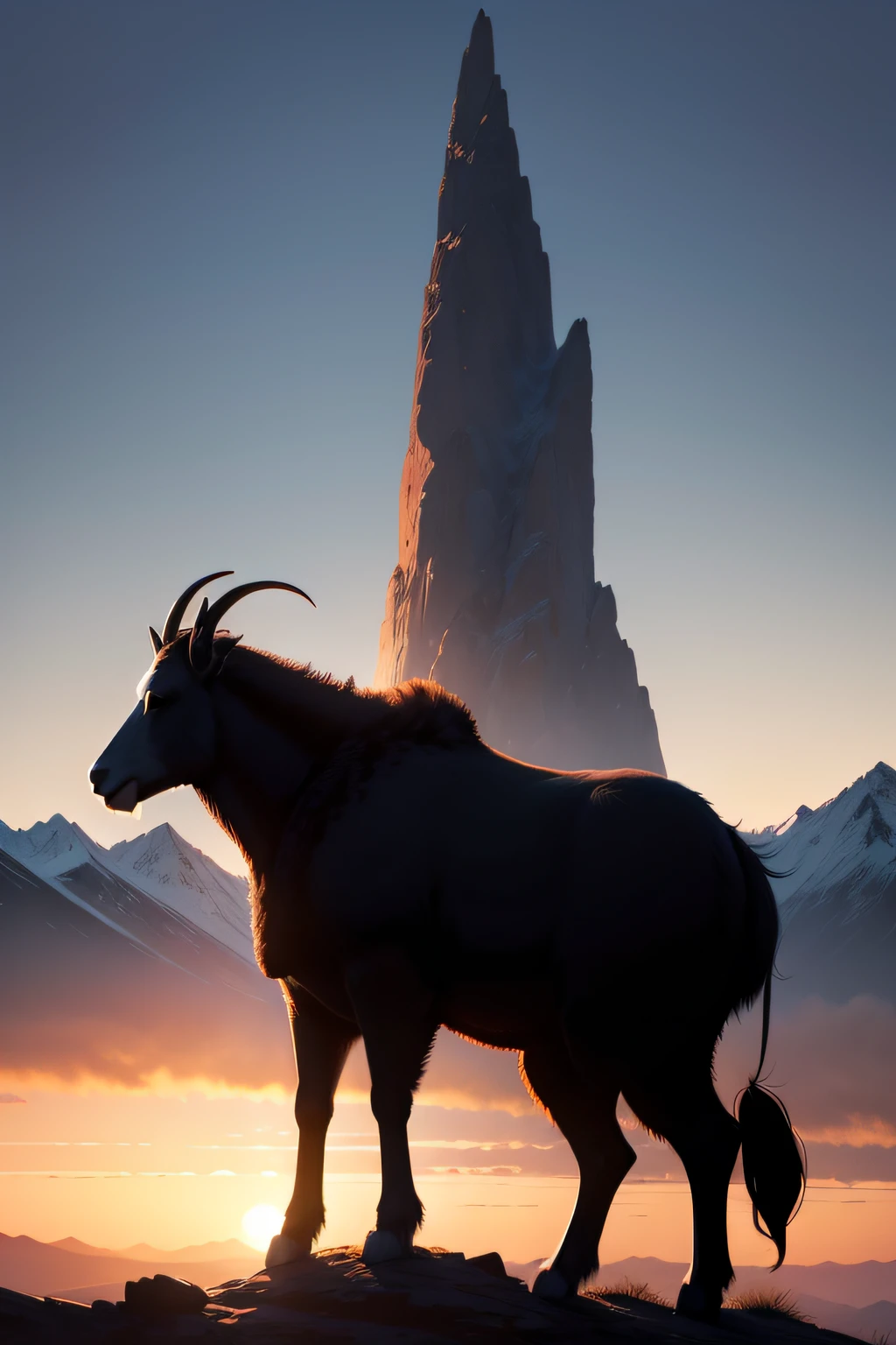 silhouette of a mountain goat, silhouetted against the sky at sunset, realistic painting, by Charles Gregory and Antonio Jacobsen and Edward Moran, (long shot), clear blue sky, intricated details