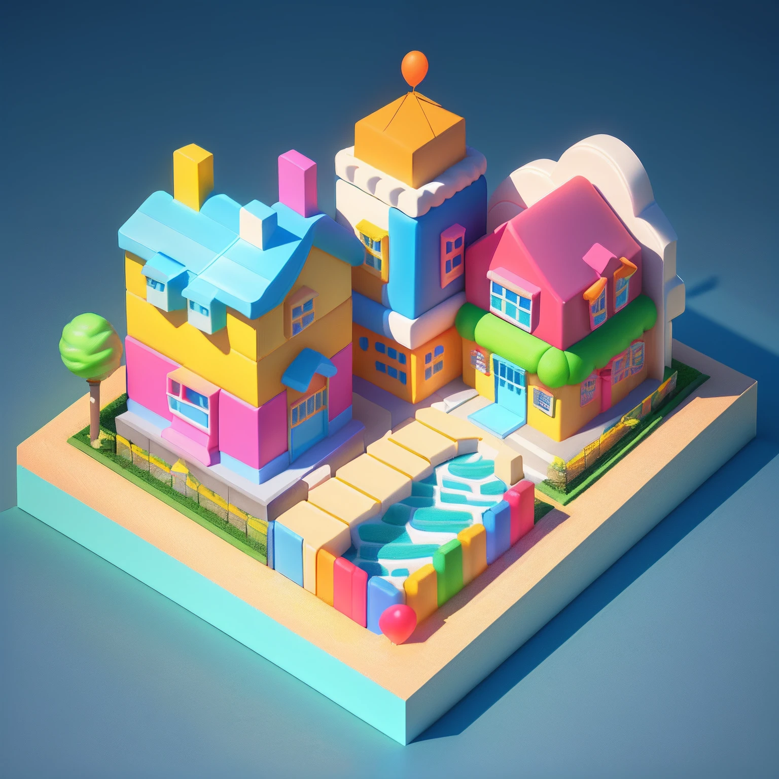 isometric house, (top-down 45-degree perspective), cartoon, candy house, colorful balloons, cute building, huge candy-like signboard, amusement park, blank background, clear structure, correct light and shadow, 3D rendering