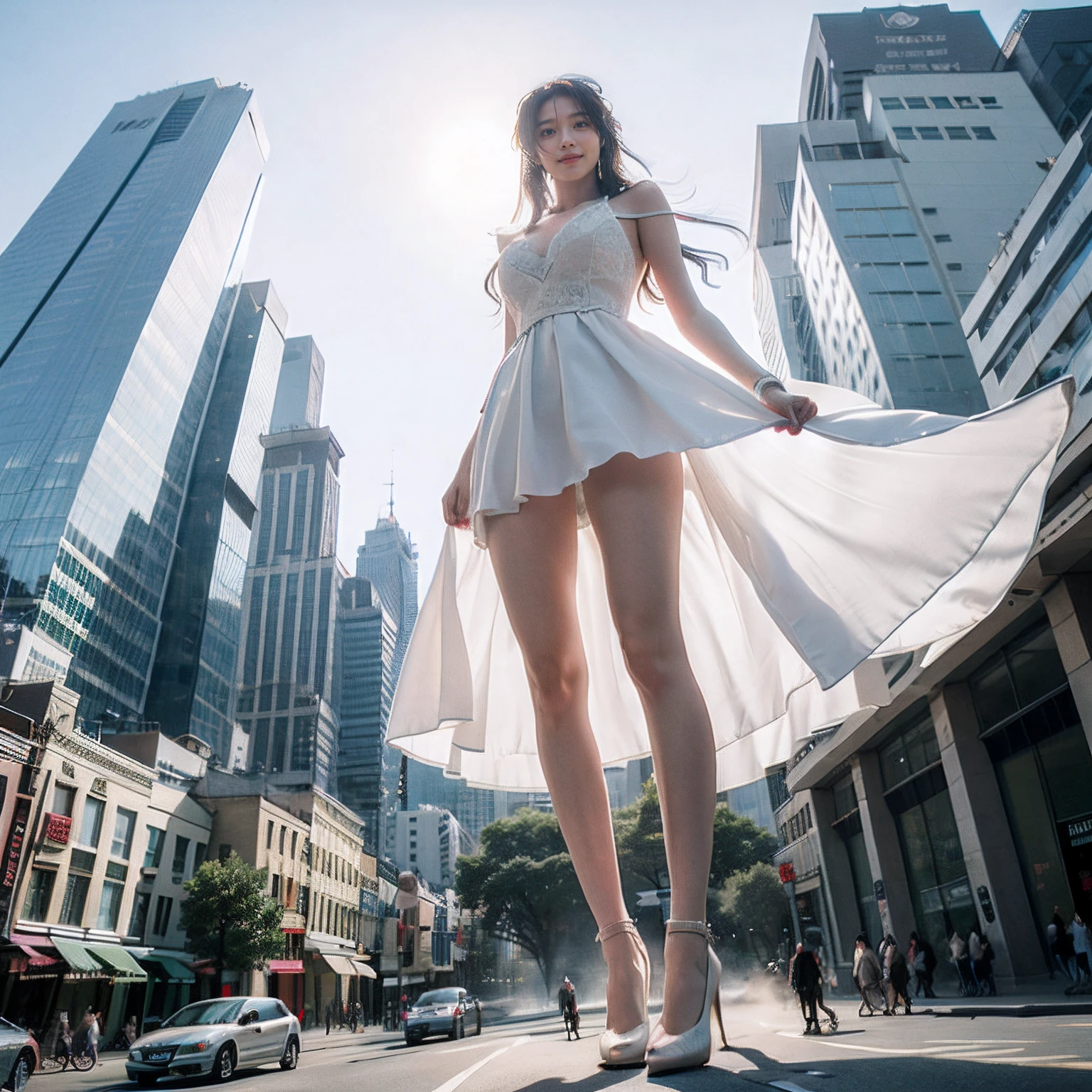 (((Giantess Elements))), (((Super Best masterpiece giant girl Raw Photography Art))), (16K, Highest quality, Ultra-high resolution, RAW Photos), (((In the real world, So unrealistic, Very detailed depiction, ((Giantess, Ultra-realistic))))), (((((Beauty in white dress, Towering high))))), The city background is at the feet of the beautiful woman, top view