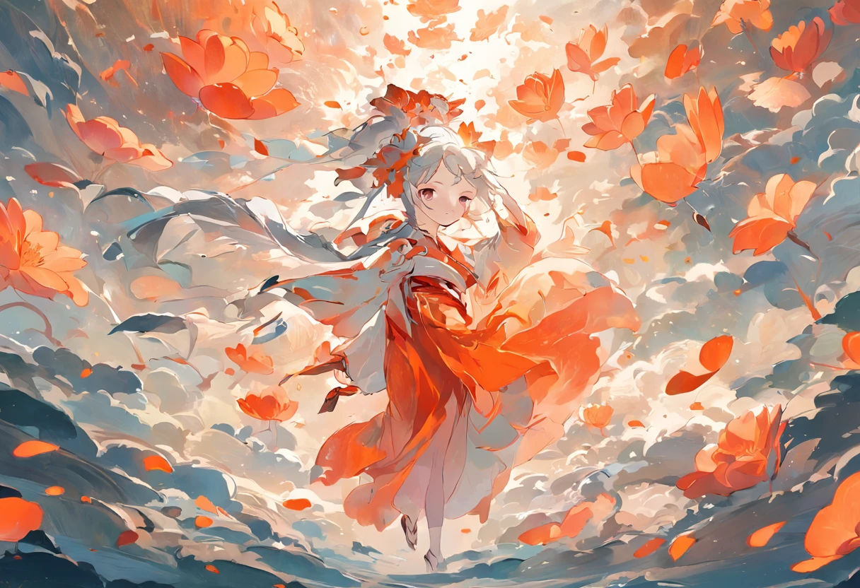 There is no pperson。, large lotus leaf, lotuses, Ink painting style, Clean colors, Ink style, polluted, decisive cutting, White space, impressionistic, Masterpiece, Super detailed, Epic composition, High quality, Highest quality, Lotus fairy, Ancient style, Dunhuang Flying Sky，Red koi