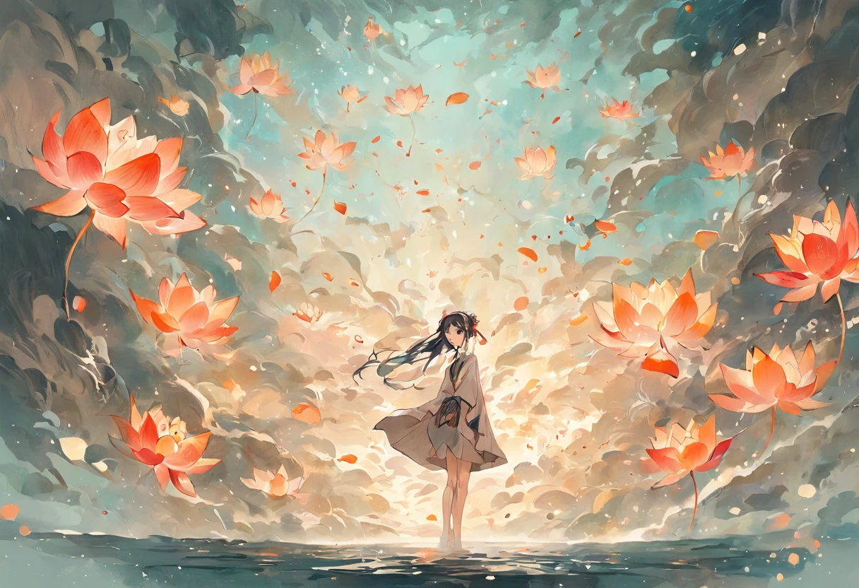 There is no pperson。, large lotus leaf, lotuses, Ink painting style, Clean colors, Ink style, polluted, decisive cutting, White space, impressionistic, Masterpiece, Super detailed, Epic composition, High quality, Highest quality, Lotus fairy, Ancient style, Dunhuang Flying Sky,Red koi