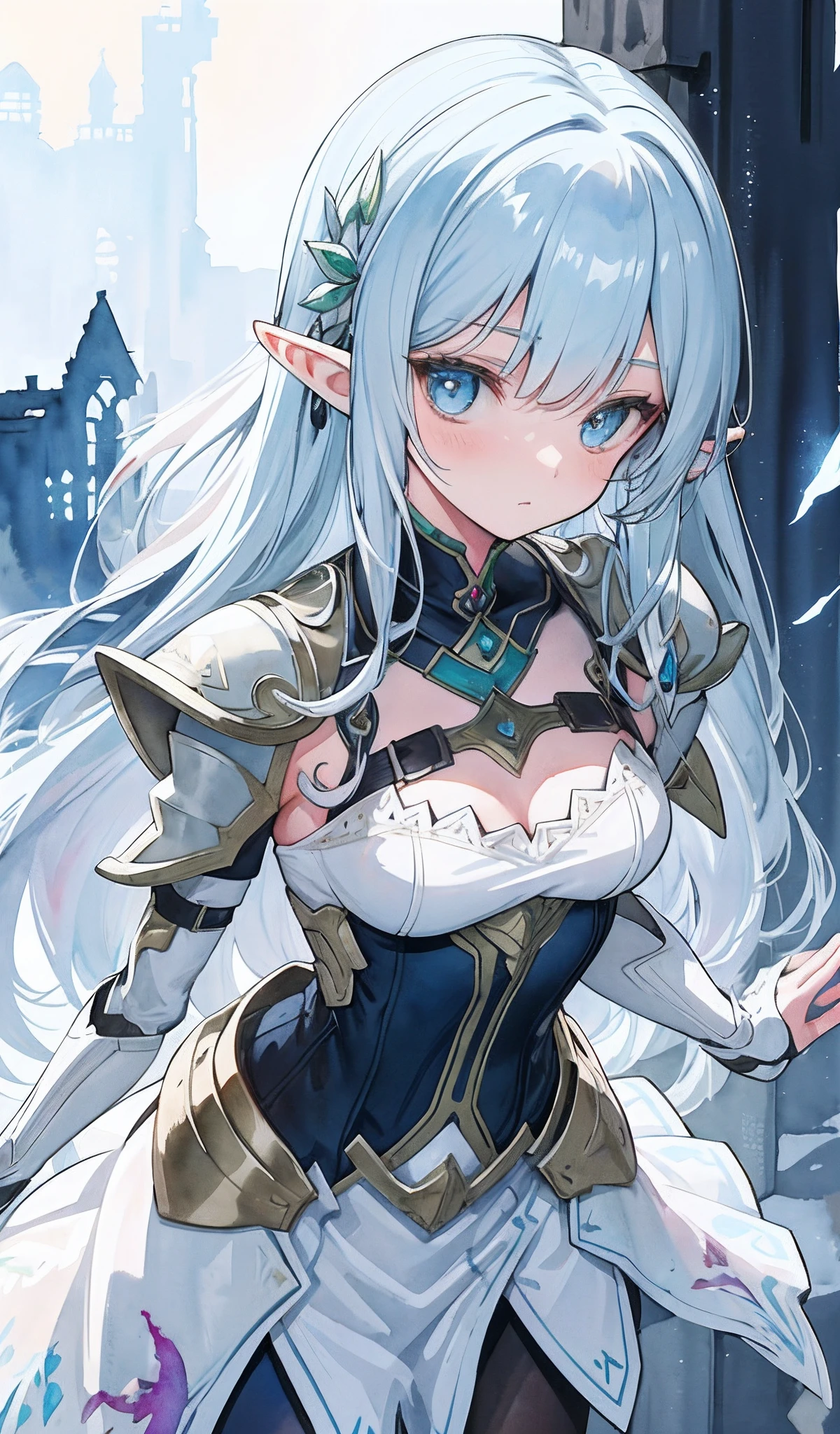 ((ultra - detailed),#3b4195 background,Elf beautiful girl，strappy，armour，Watercolor pattern in calm colors),(Watercolor texture), ((1girll),long whitr hair,adolable),full bodyesbian，Stand up