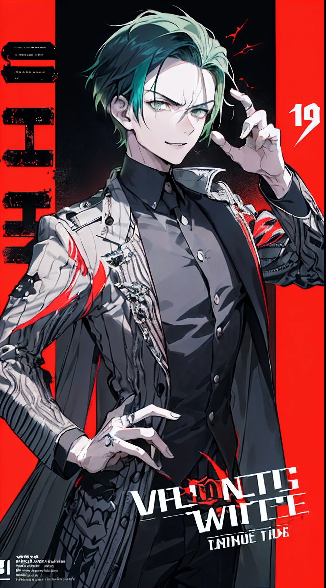 ((((dramatic))), (((gritty))), (((intense))) film poster featuring a young man as the central character. short green hair, flying bangs, Hair slicked up. he stands confidently in the center of the poster, wearing a stylish and edgy suit, with a delicated face, delicated face and smile. The background is dark and gritty, with a sense of danger and intensity. The text is bold and attention-grabbing, with a catchy tagline that adds to the overall feeling of drama and excitement. The color palette is mainly dark with splashes of vibrant colors, giving the poster a dynamic and visually striking appearance,tachi-e
(magazine:1.3), (cover-style:1.3), fashionable, woman, vibrant, outfit, posing, front, colorful, dynamic, background, elements, confident, expression, holding, statement, accessory, majestic, coiled, around, touch, scene, text, cover, bold, attention-grabbing, title, stylish, font, catchy, headline, larger, striking, modern, trendy, focus, fashion,