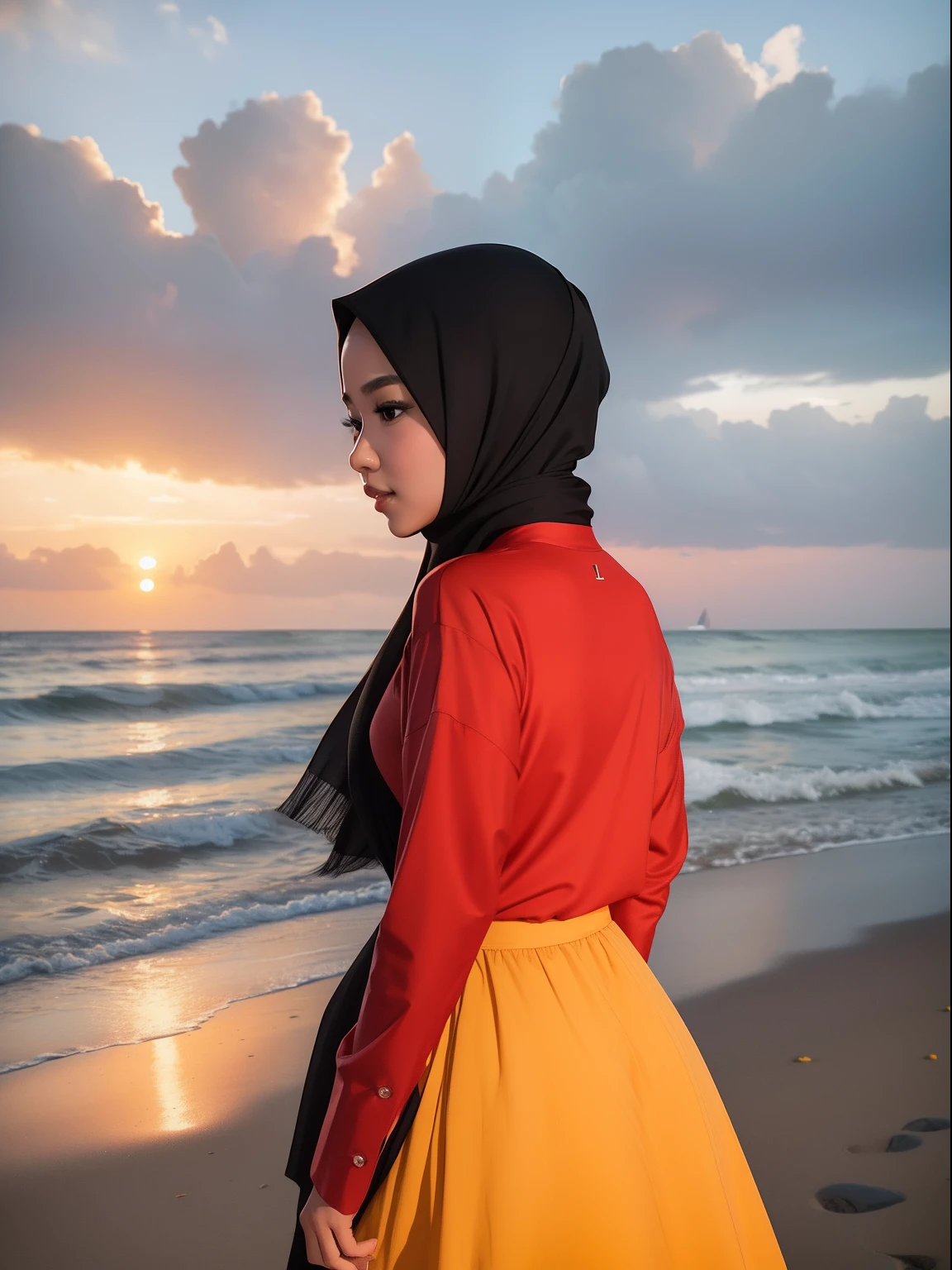 Malay woman in a red shirt and a gray skirt, sunset background at the beach, wearing black and white clothes, headshot profile picture, hijab, mira filzah, full protrait, on a yellow canva, protrait, portrait shot, photo of young woman, photo of a woman, potrait, mid shot portrait.