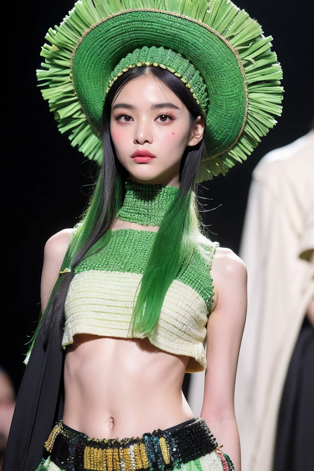(extra detailed body、extra detailed face、best qualtiy:1.2)、femele、looking at the viewers、(Green and black wacky fashion、fashionshow、large hat、)、(Cream wall chaos on background:1.4
