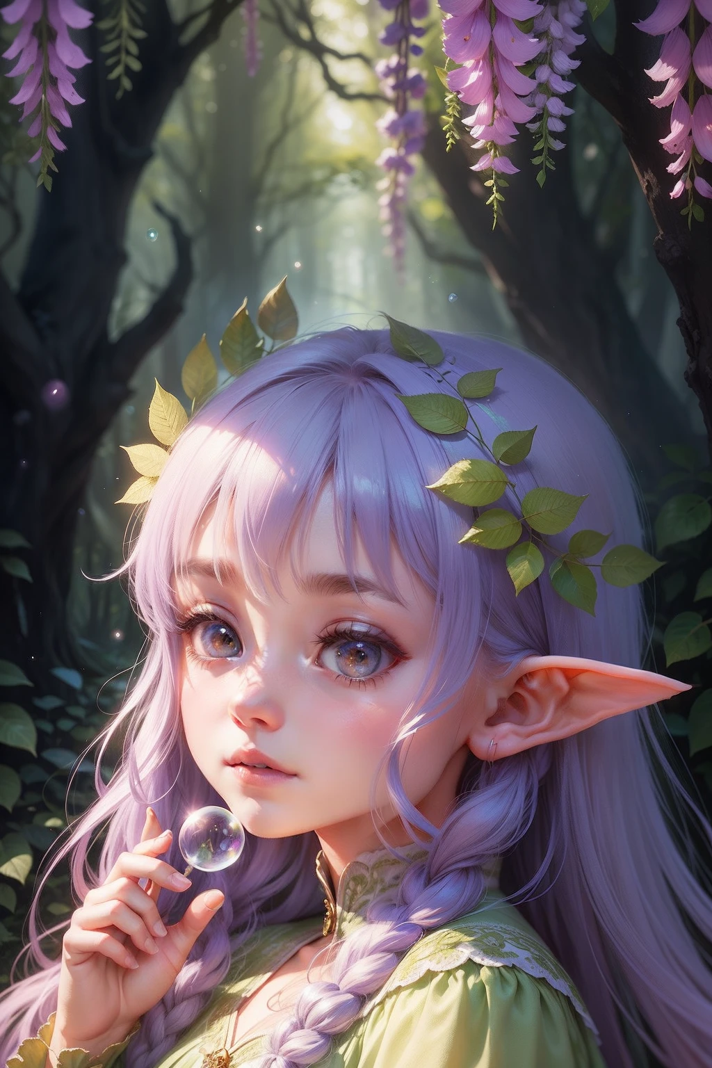 Image type：illustration、Fantasy painting theme：tiny faeries(Highest definition)(Cute facial features) Details keywords：ln the forest、Wisteria rose、As estrelas、the elf、(ultra intricately detailed) enviroment：mistic、peacful、Huge lighting effects：Soft sunlight shines on the elf's face composition：The genie is in the center of the picture，Forests and wisteria roses form the background，Elves blowing bubbles next to a tree Art style：fanciful、dream magical、Delicate drawing technique、pastelcolor