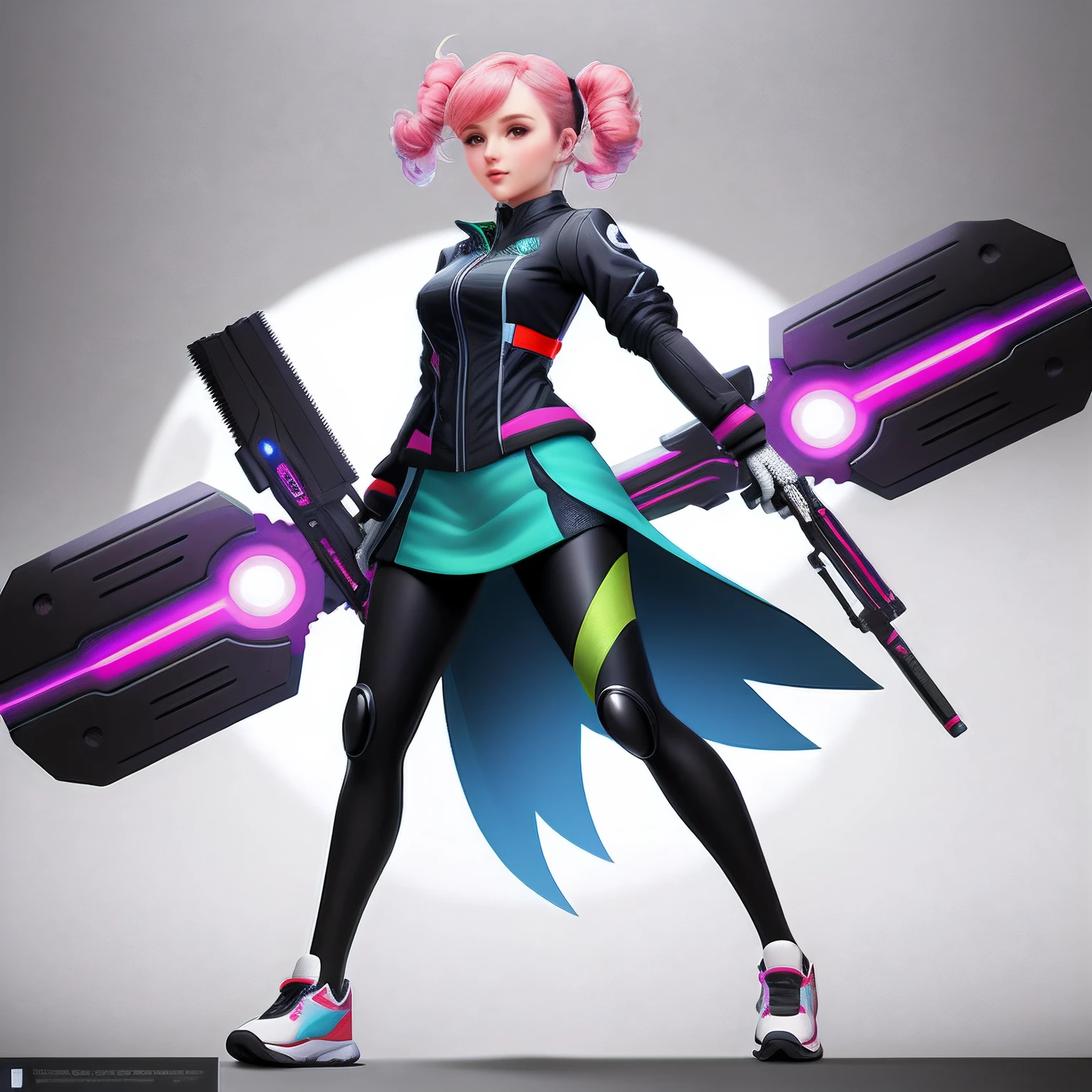 A cute Lady, wearing technocrat colourful clothes, masterpiece artwork, full body view, holding a modern machinery weapon, 8k resolution art style, dynamic postures.