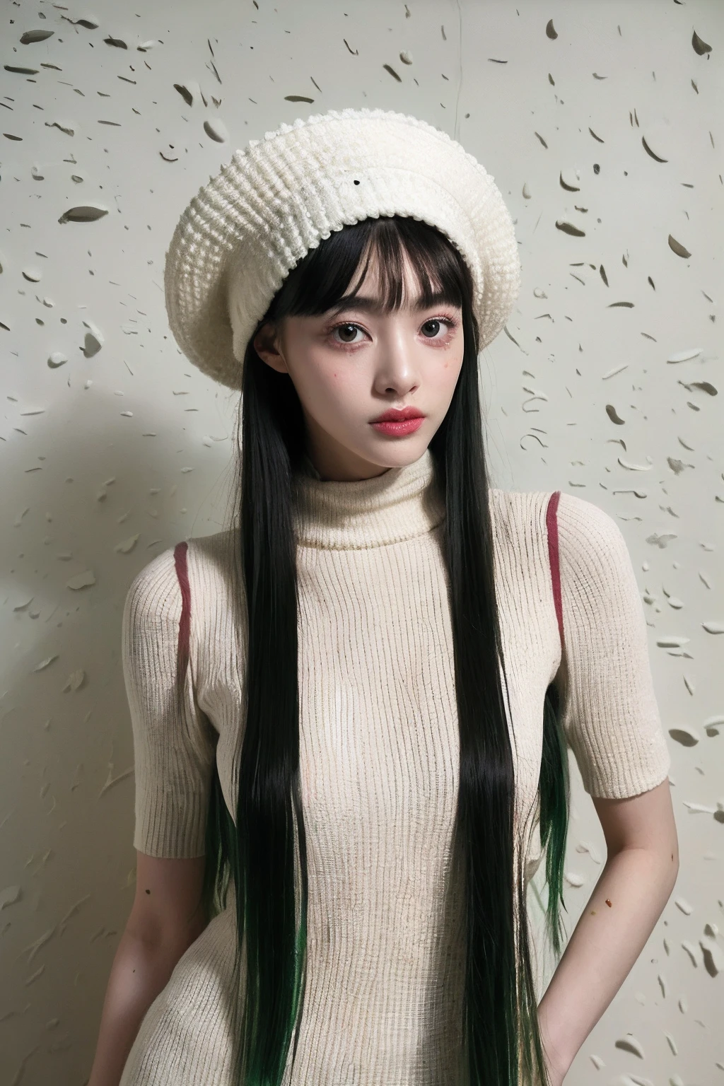 (extra detailed body、extra detailed face、best qualtiy:1.2)、femele、looking at the viewers(Green and black wacky fashion、fashionshow、large hat、)、(Cream wall chaos on background:1.4)