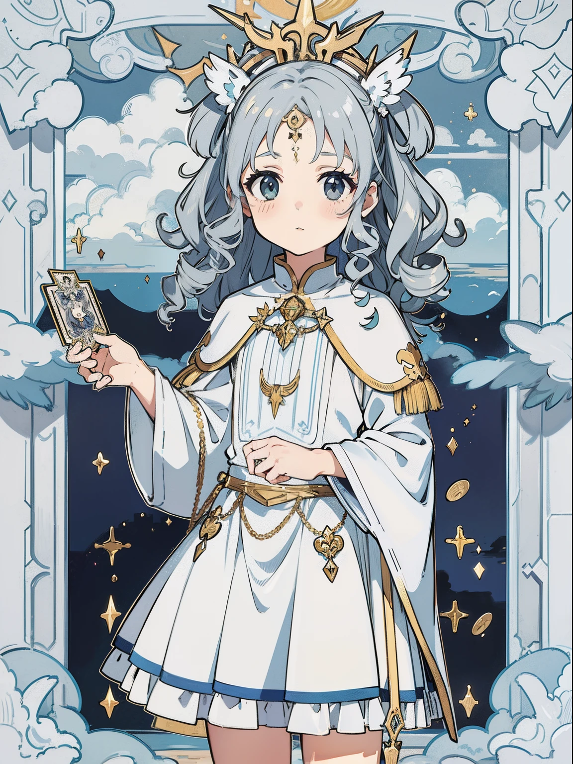 1 , curly hair, power of clouds, clouds all over, gray hair, wearing cute magical costume, with gold ornament on forehead, high-resolution, 8k masterpiece, looking at you, inside tarot card