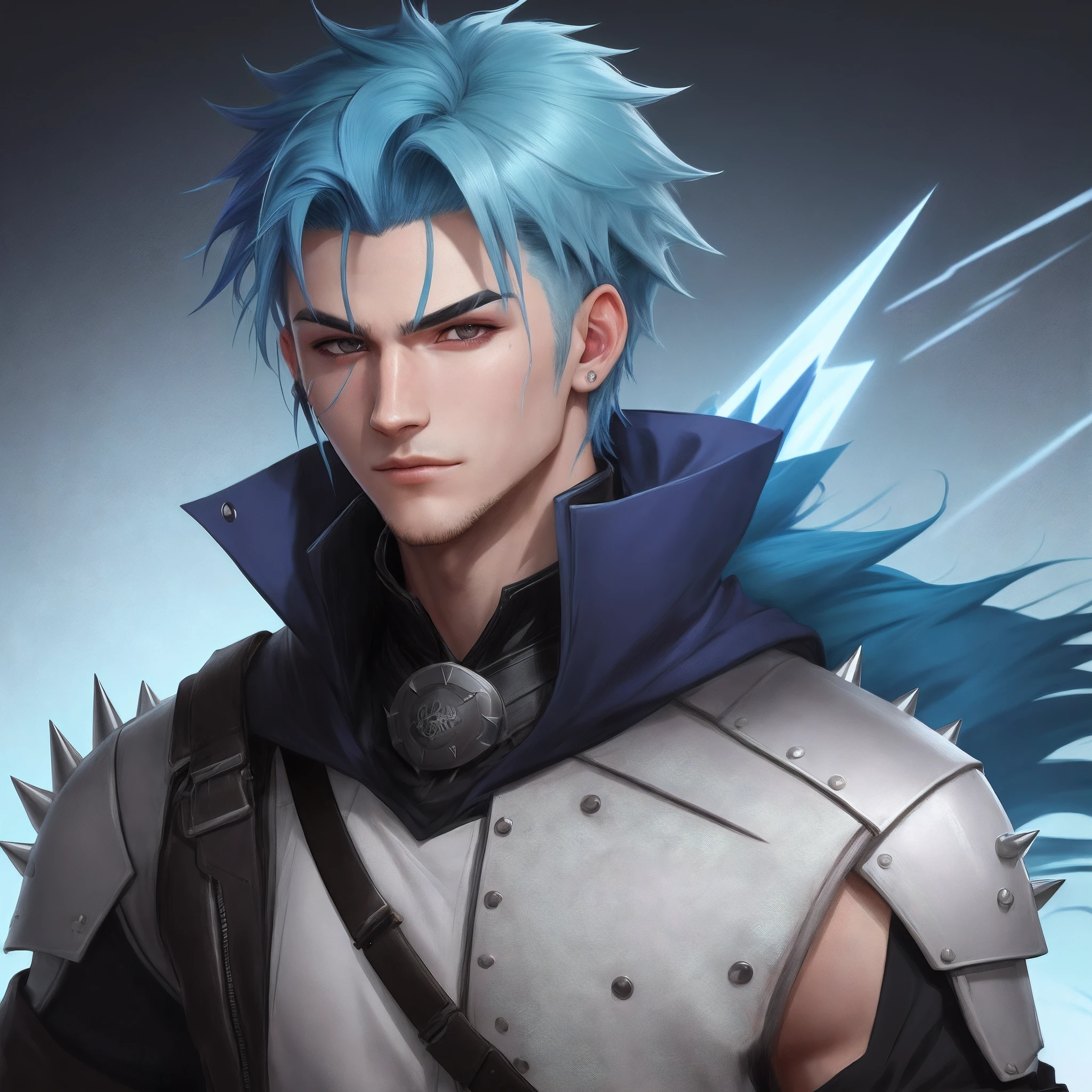 He has blue spiky hair that partly covers the right side of his face which only makes his character look cooler