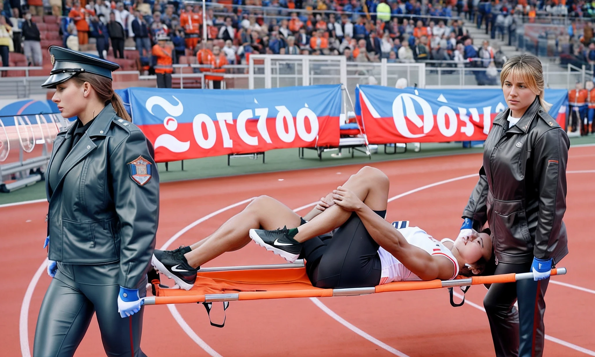 an athletics competition with many spectators in a stadium in russia, a male athlete has injured his shin and is being carried out of the arena on a stretcher by two russian policewomen wearing shiny patent leather uniform jackets, the head of the man lying on the stretcher is in profile looking upwards, the face has a masculine-attractive aura, but it is contorted with pain and has an extremely suffering expression, a male athlete with a shin sprain and obvious pain lies on a stretcher and is holding his aching leg with both hands as he is carried out of the stadium on a stretcher by two russian policewomen, the head of the man lying on the stretcher is in profile looking upwards, the face has a masculine-attractive aura, but it is contorted with pain and has an extremely suffering expression,, beautiful and very horny russian policewomen carry a stretcher in a sports stadium from our point of view horizontally from right to left, A track and field athlete visibly in pain lies horizontally with his head to the right and legs to the left on an orange stretcher being carried by two Russian policewomen in leather jackets at a sports stadium, the track and field athlete lying on the orange stretcher has drawn up the leg closest to us and is clutching his aching shin with both hands as he is carried away on the stretcher by two russian policewomen