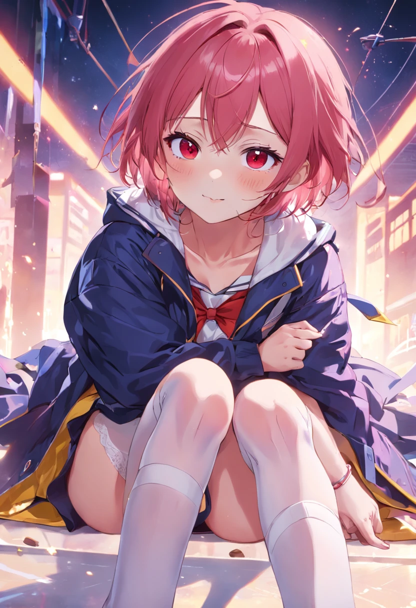 red pupils,Lazy expression,Short pink hair and white stockings,Purple and yellow clothes,JK Campus,Cute smile