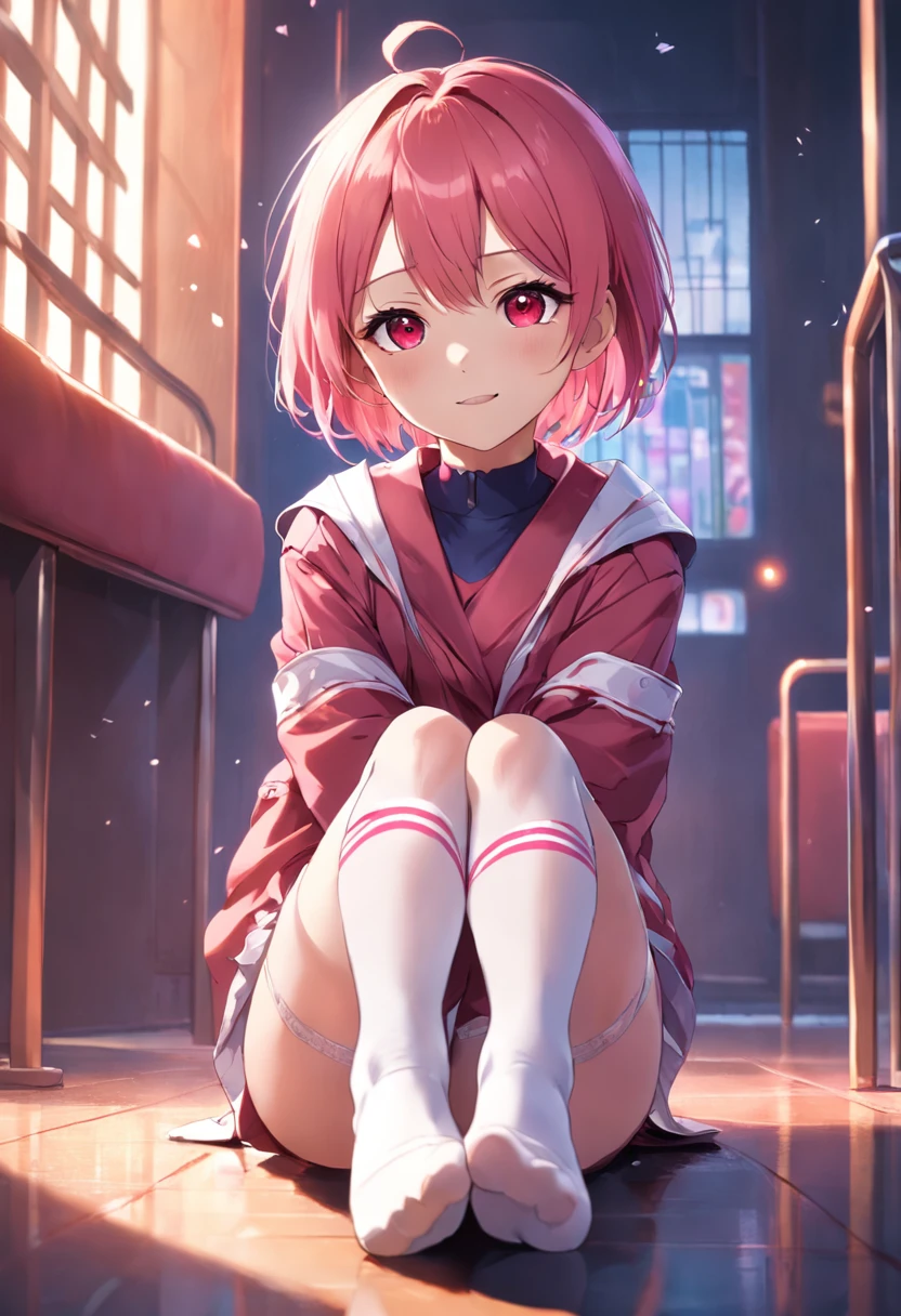 red pupils,Lazy expression,Short pink hair and white stockings,Purple and yellow clothes,JK Campus,Cute smile