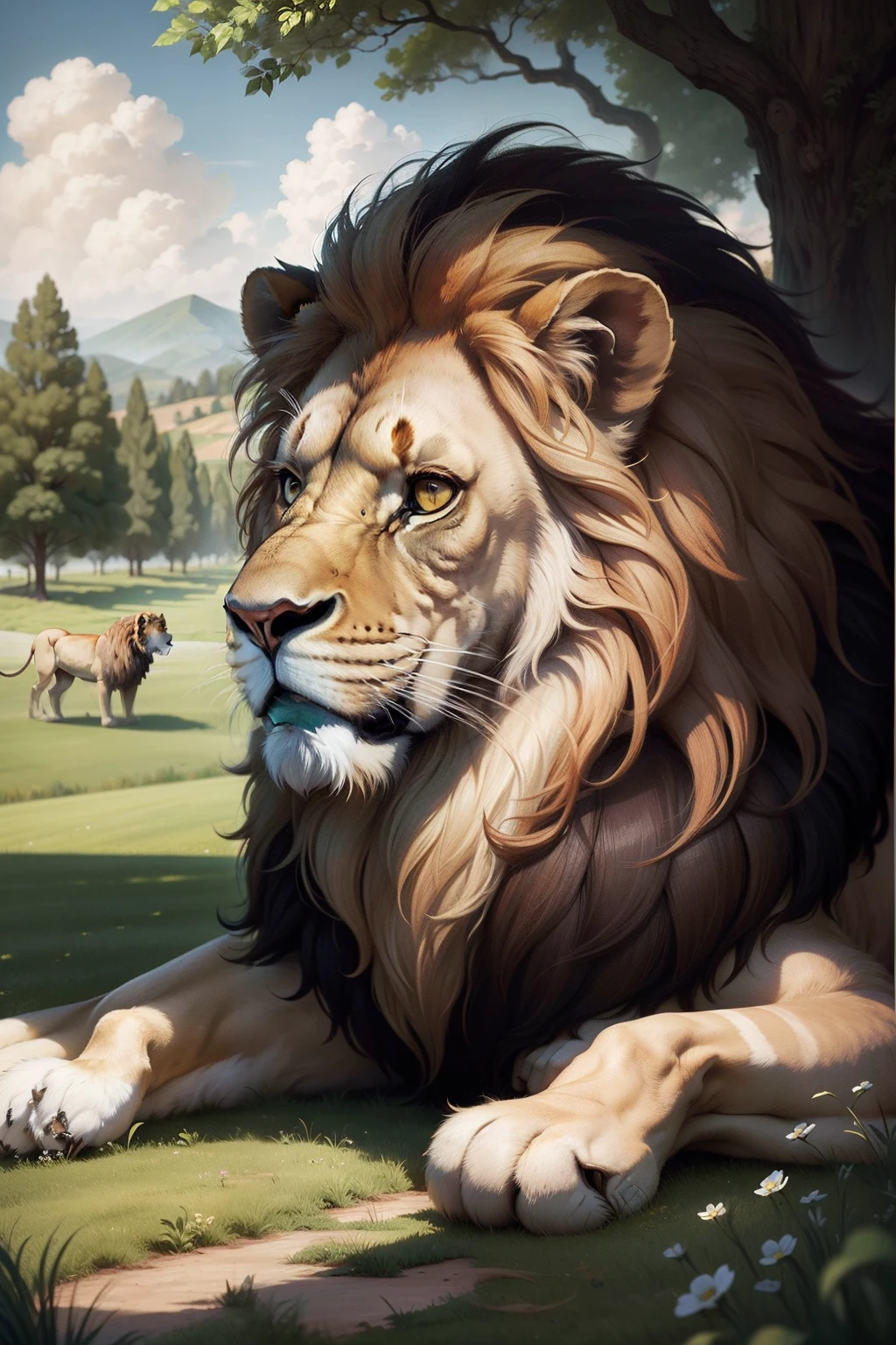 Lion looking towards the green field, realistic illustration, by Leonardo da Vinci