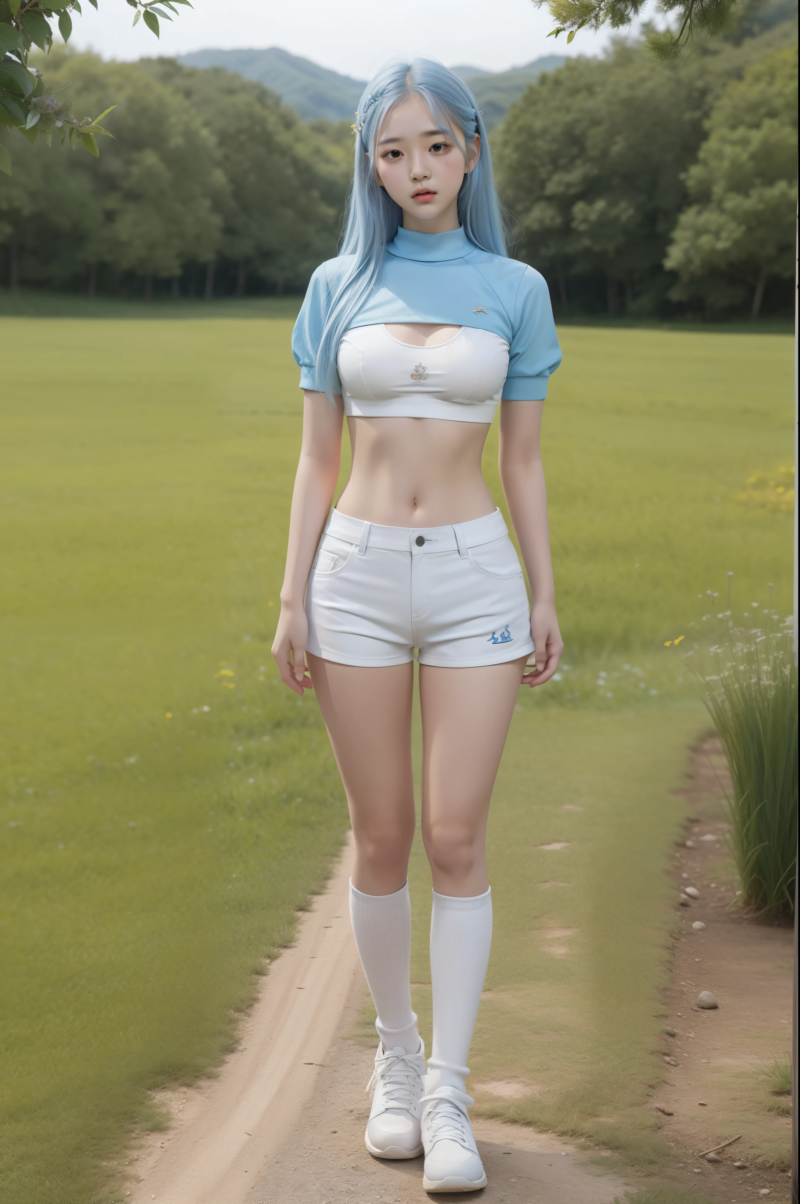 full body, A korean young girl in a fantasy world, 15yo, 15 years old korean young girl is in a field, fantasy field, small breast, petite figure, long light blue hair, tight white armor that expose midriff, midriff exposed, white shorts, small tits, ((thin-waist)), a small face