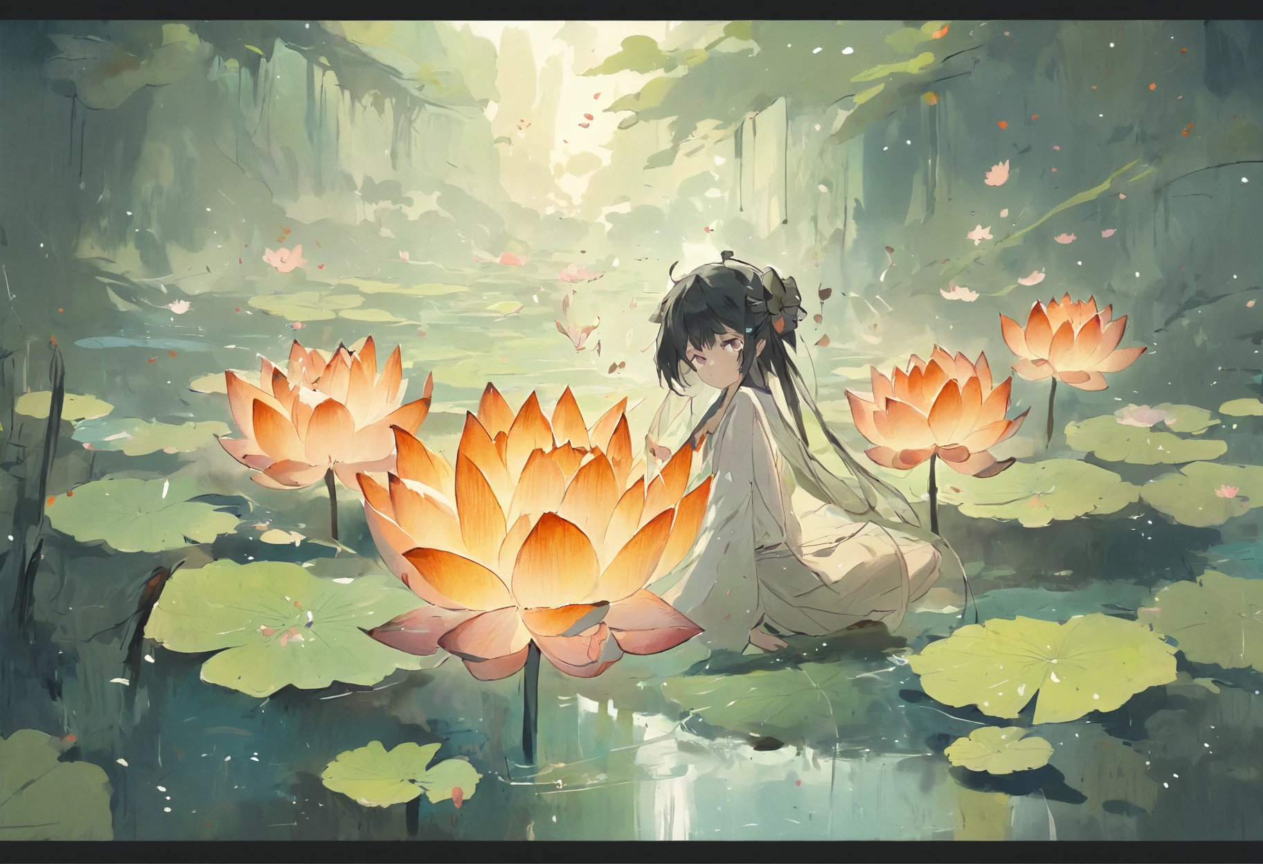 There is no pperson。。, large lotus leaf, lotuses, Ink painting style, Clean colors, Ink style, polluted, decisive cutting, White space, impressionistic, Masterpiece, Super detailed, Epic composition, High quality, Highest quality, Lotus fairy, Ancient style, Dunhuang Flying Sky