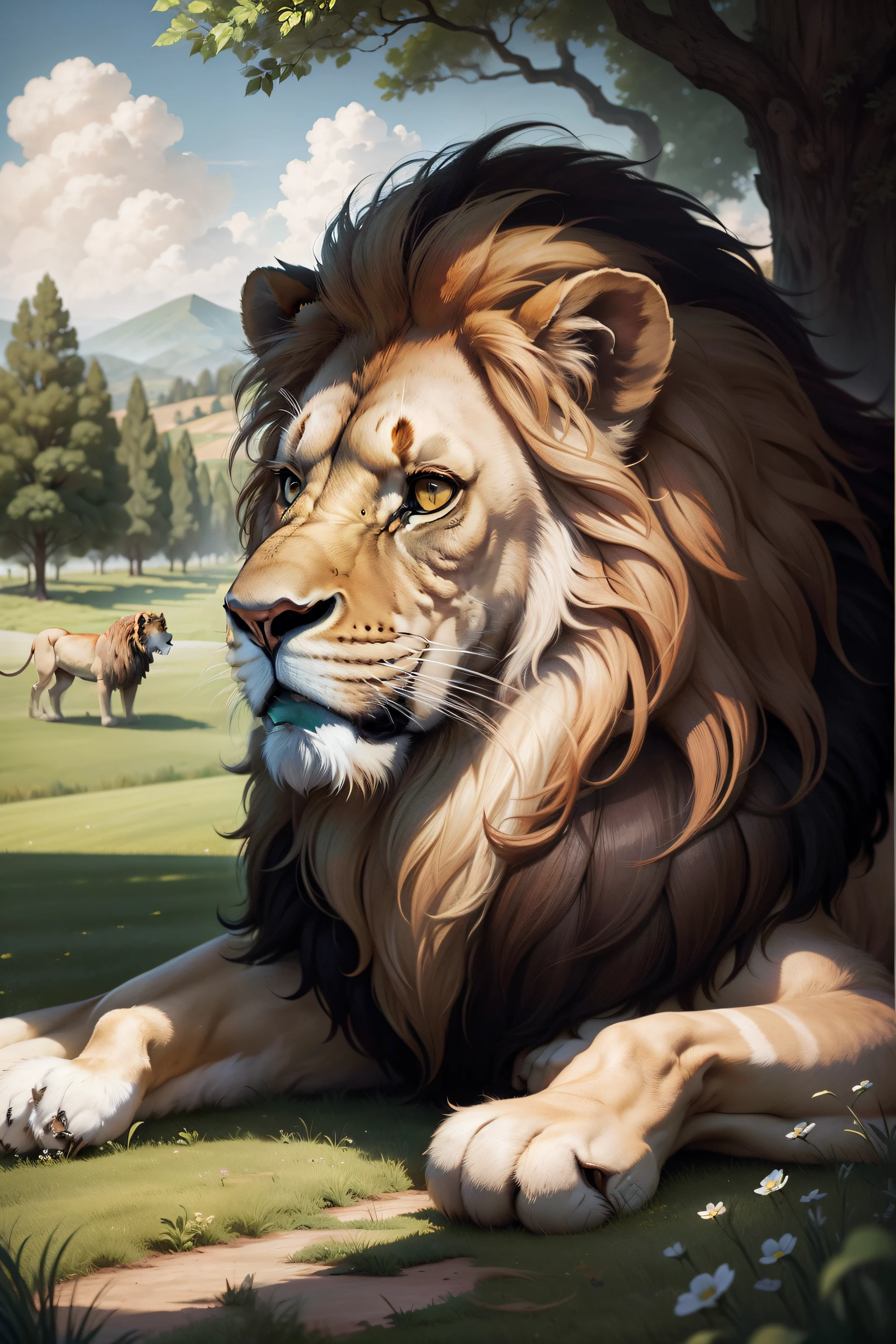 Lion looking towards the green field, realistic illustration, by Leonardo da Vinci