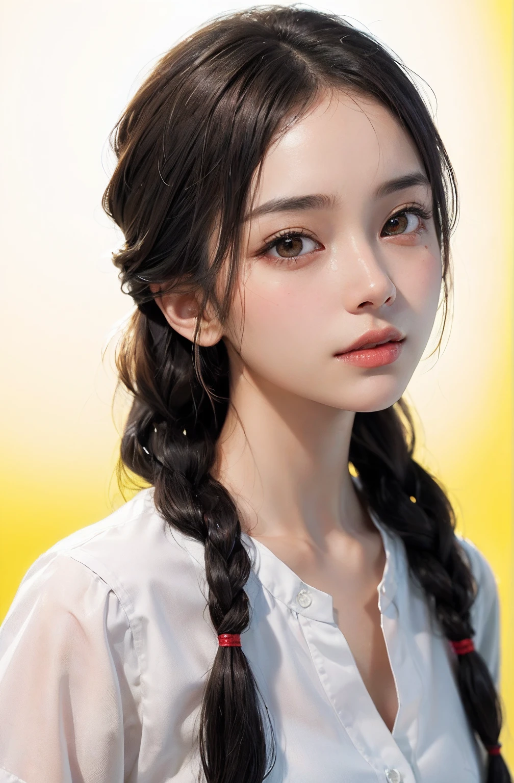masterpiece, top-quality, 32K, absurderes, (The upper part of the body:1.4), white shirt, Black hair fringe long hair、Braided hair、disheveled hair、Light brown eyes、beautiful a girl, Clean face, looking at the viewers, A smile, A hyper-realistic, hight resolution, a picture, film grains, chromatic abberation, foco nítido, nffsw, face lights, Dynamic lighting, (电影灯光:1.1), (Professional Shadows:1.1), simple background, (Dull yellow background:1.4), highestdetailed, ighly detailed, ultra-detailliert, finely detail, authentic skin, delicated facial features, detailed faces and eyes, Sharp pupils、Realistic pupils、(Glossy lips:1.4)